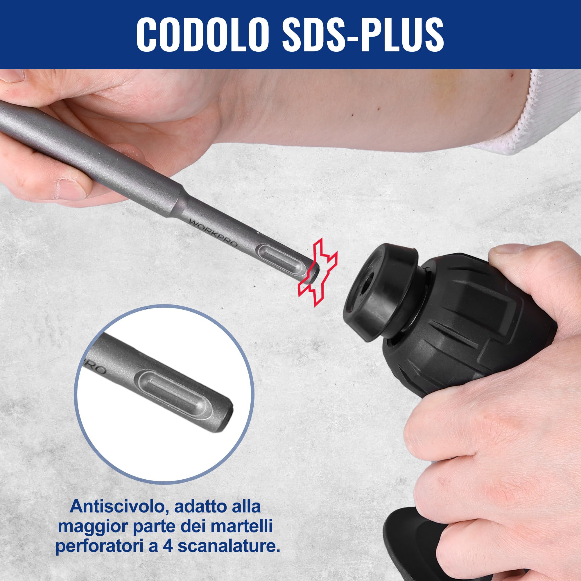 WORKPRO Set da 15 punte da trapano SDS-Plus, set di punte per trapano con mezzi punta e punta piatta per mattoni, cemento, pietra, calcestruzzo e muratura, accessori per martello perforatore