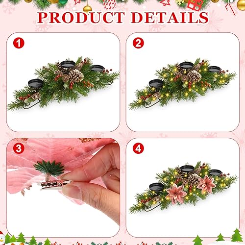 Miniatura 3 de 2 juegos de decoración de mesa de centro de mesa de Navidad de 25 pulgadas, incluye 2 portavelas con piñas de pino y bayas rojas, 12 flores de