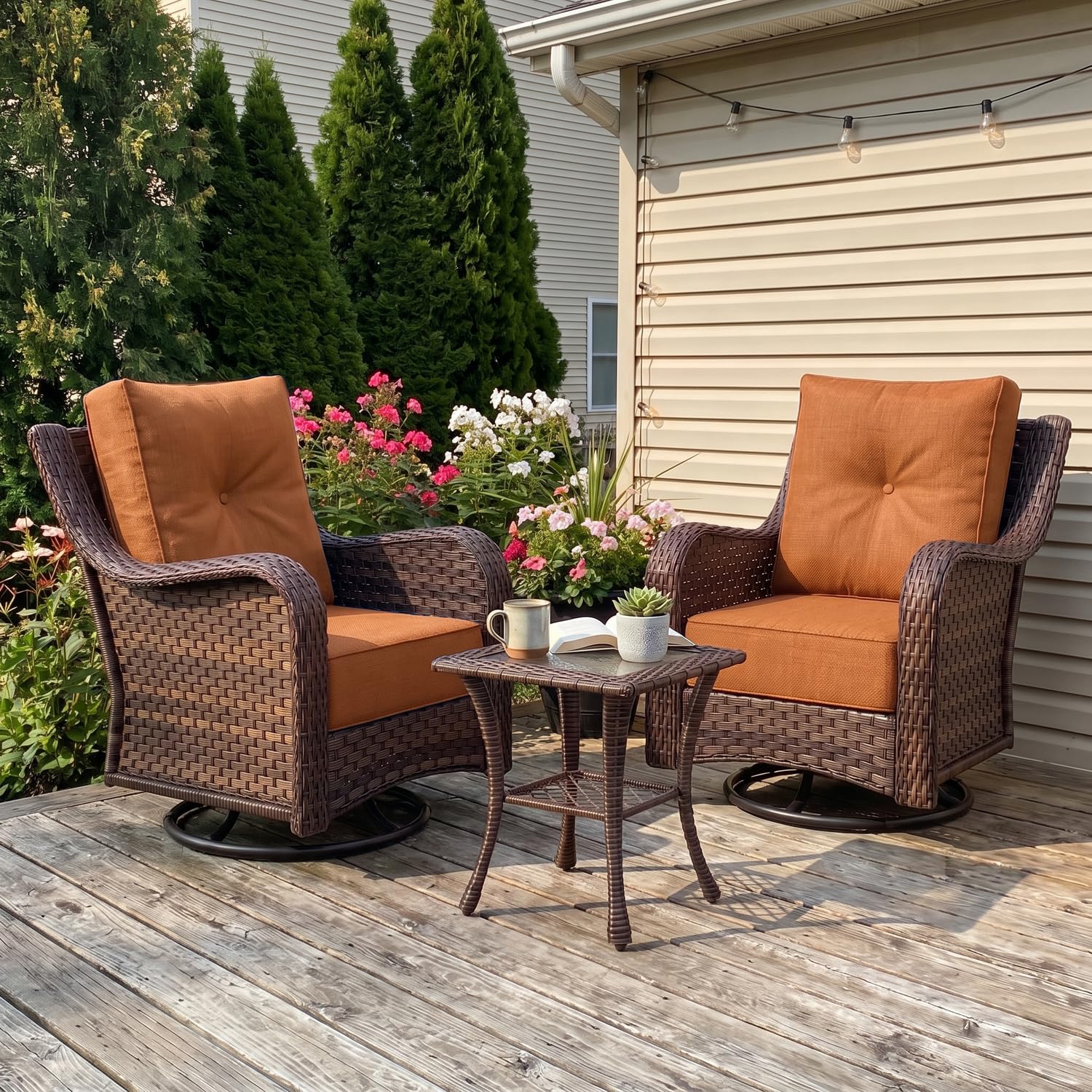 LayinSun 3 Piece Wicker Outdoor Furniture Set with 6-inch Comfy Cushions