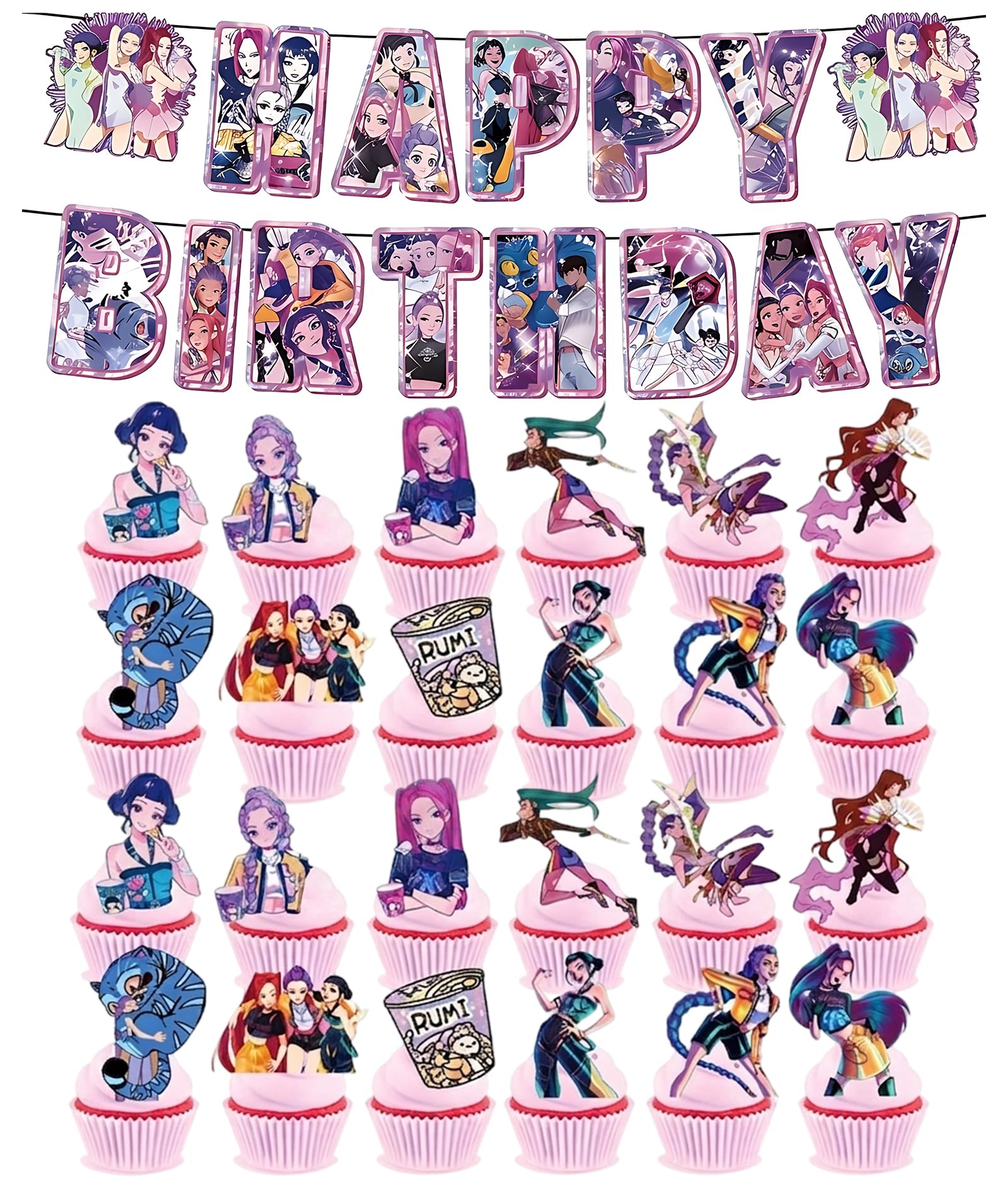 26 PCS Birthday Decoration Kit, Anime and K-POP Themed Party Decorations, Anime Decoration Items for Themed Parties, Includes Banner, Cake Topper, and Cupcake Toppers-image-17