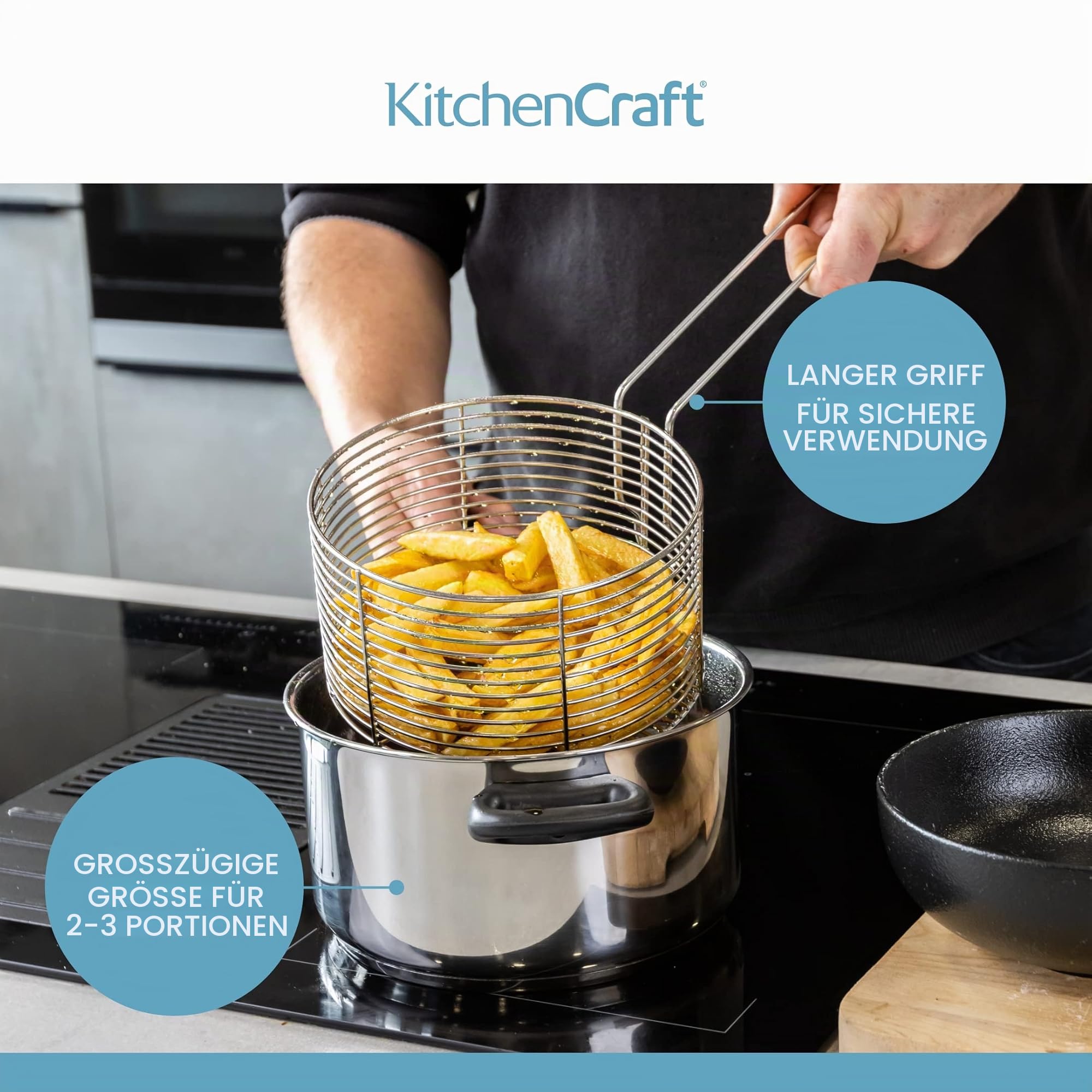 KitchenCraft Großer Pommes Kochtopf mit Frittierkorb und Deckel, Fritteuse Topf für alle Herdarten inklusive Induktionskochfeld, Pommes Körbchen Edelstahl, Silber, Ø 20 cm