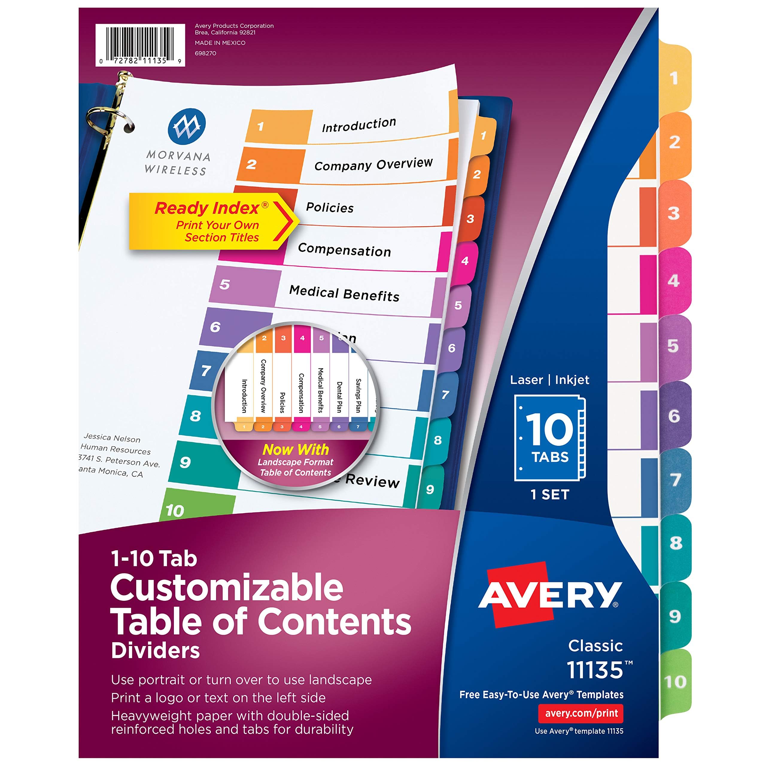 Avery Dividers for 3 Ring Binders, 10 Tabs per Set, Customizable Table of Contents, Multicolor Tabs, Great for Organizing Reports, Projects, and More (11135) โ image 1