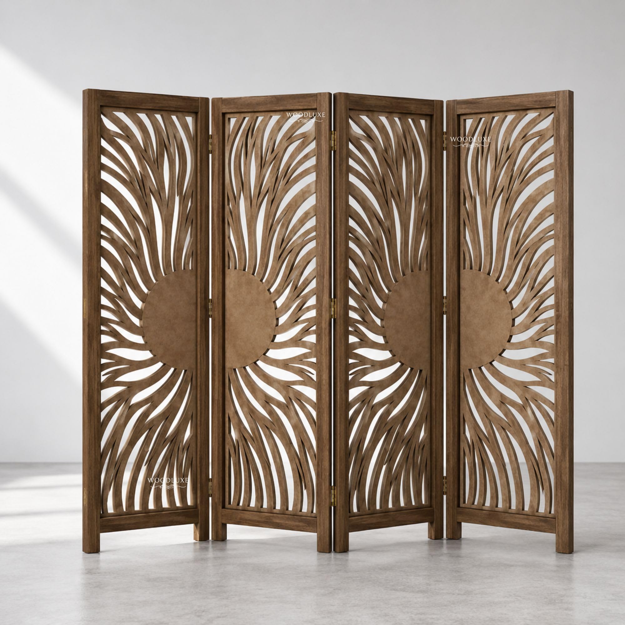 Handcrafted Wooden Room Divider, Foldable Privacy Screen with Solid Mango Wood Frame, Premium Laser Cut MDF Panels Decorative Partition for Living Room Bedroom Office (Mocha Brown Sunburst)-picture-15