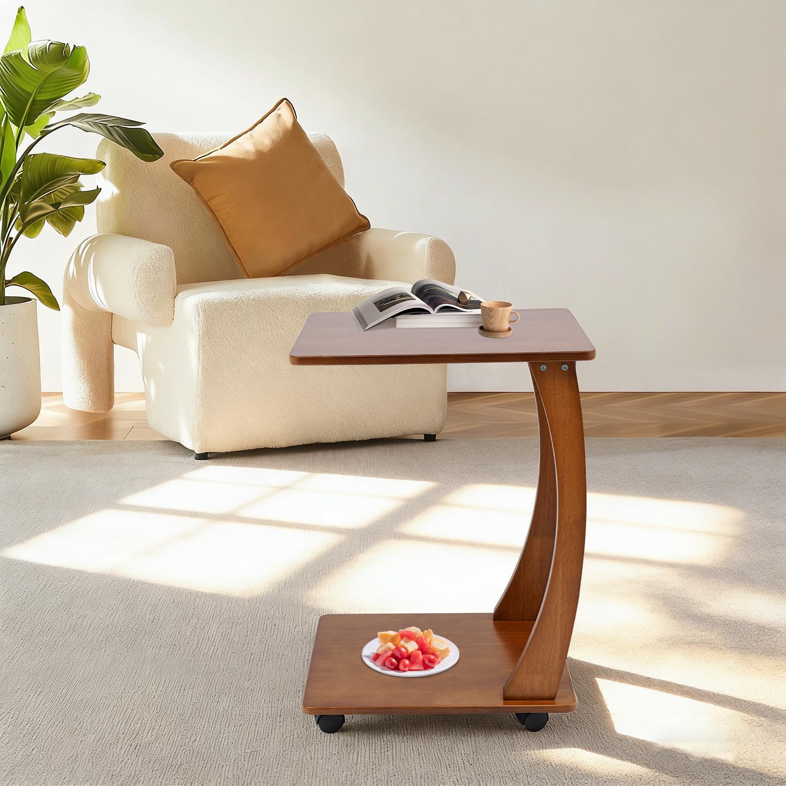 Mesa Auxiliar Forma C con Ruedas (2 con Freno), de Madera