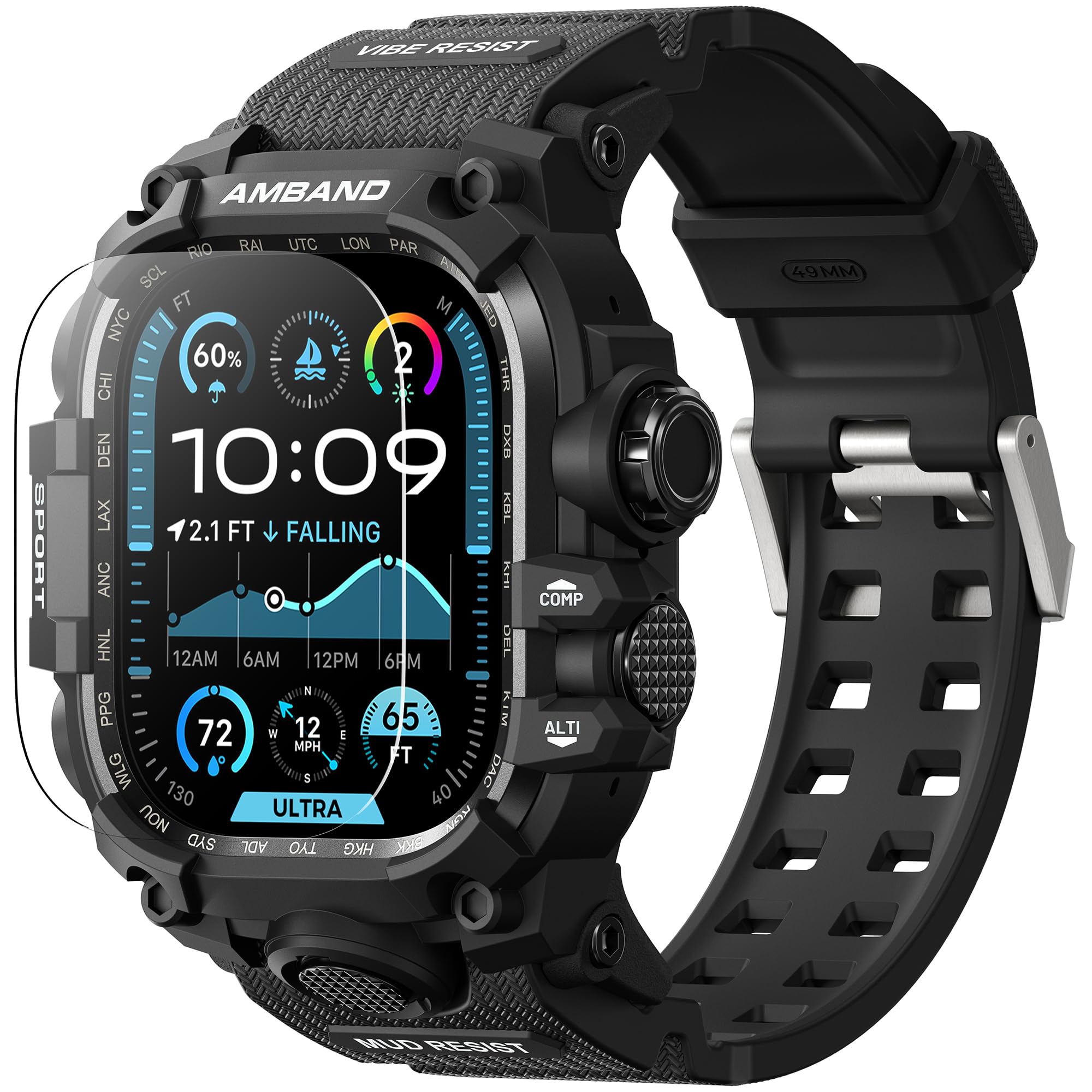 amBand Rugged Case with Band for Apple Watch Ultra 3/2/1 49mm, M3 Military Grade Shockproof Cover, Includes Screen Protector Kit, Tactical Band for Men - Compatible with iWatch Ultra, Matte Black