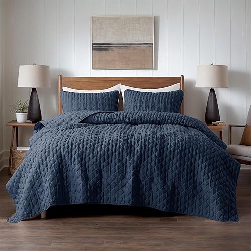 Miniatura 2 de WDCOZY Juegos de colcha con fino acolchado de tamaño King con fundas de almohada, azul marino, colcha ligera, suave y delgada, para todo el año,