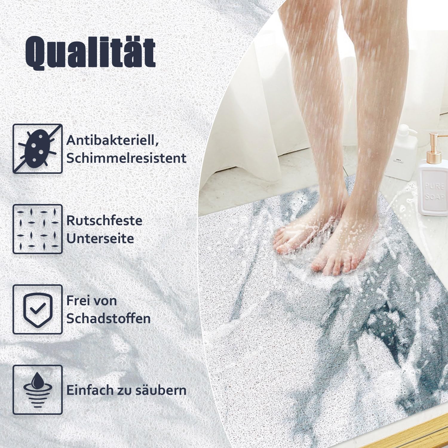 Tapis de douche antidérapant, 60 x 80 cm : tapis de bain doux et confortable, avec trous d’évacuation de l’eau. Tapis de massage en PVC et luffa, antidérapant, pour douche. Séchage rapide.