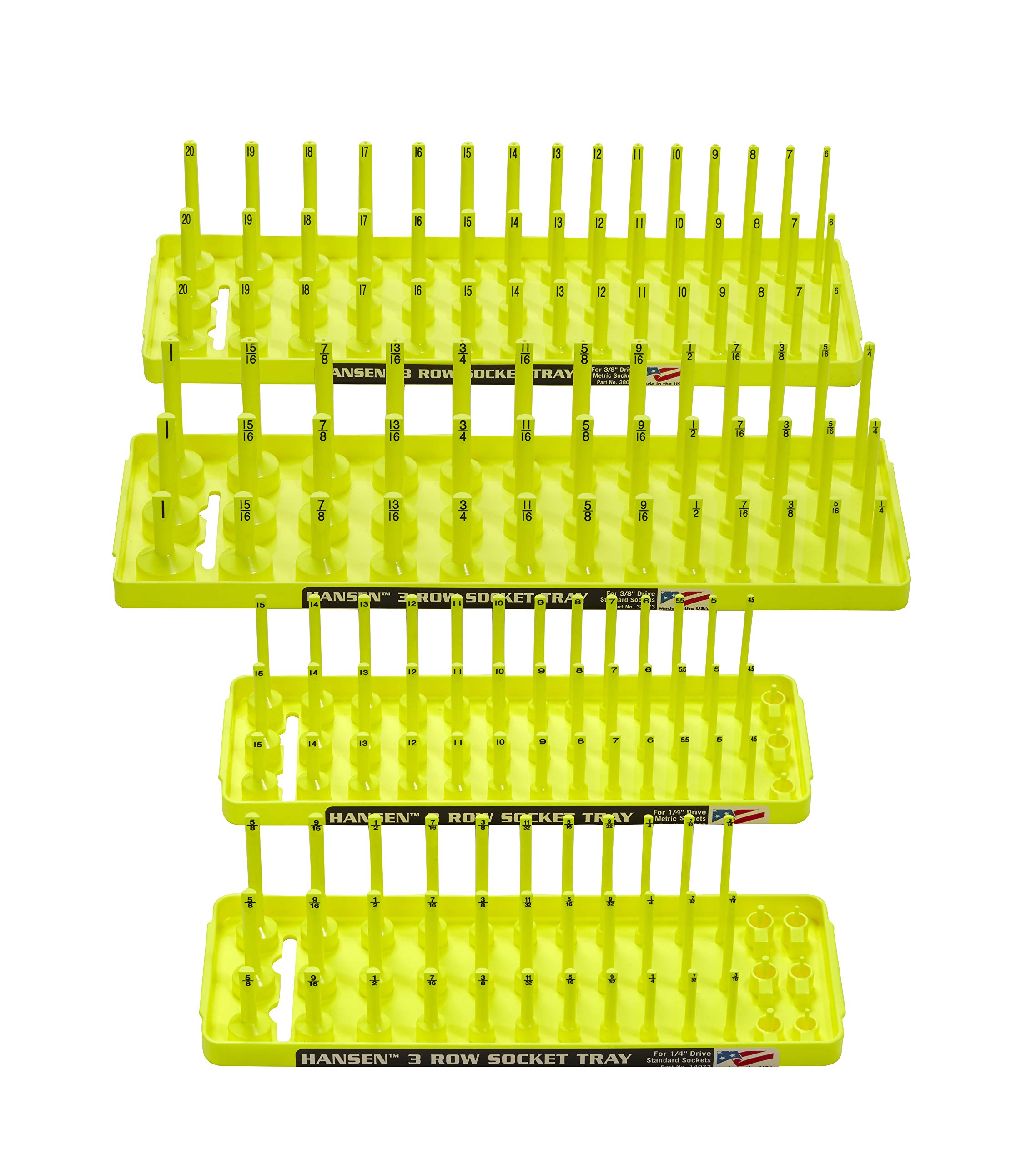 Hansen Global 92006 3 Row Socket Tray Set - 4-Pieces, Hi-Viz Yellow