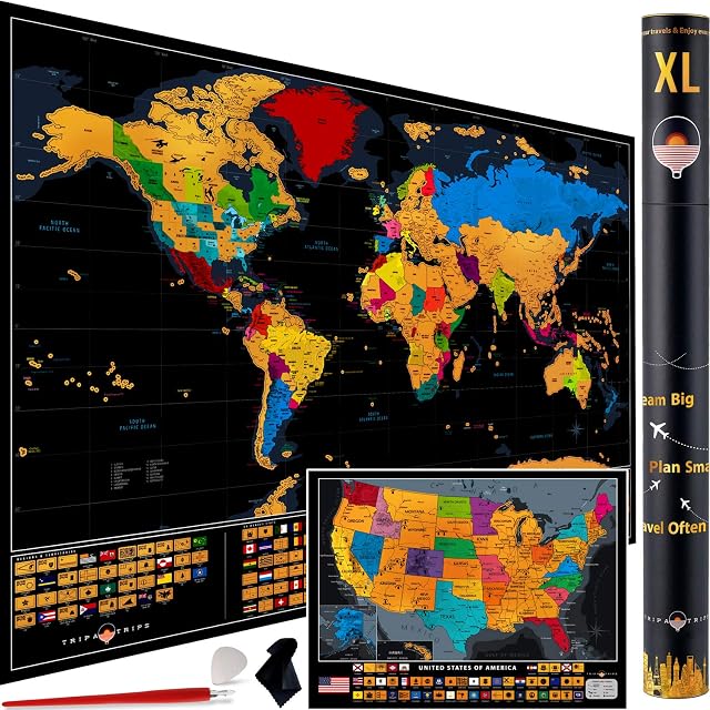 XL Scratch off World Map  36 x 24 Scratch off Map of the World with 233 Flags + Scratch off USA Map  Extra Large & Detailed World Scratch off Map + Accessories  Deluxe Travel Map Scratch off Gift