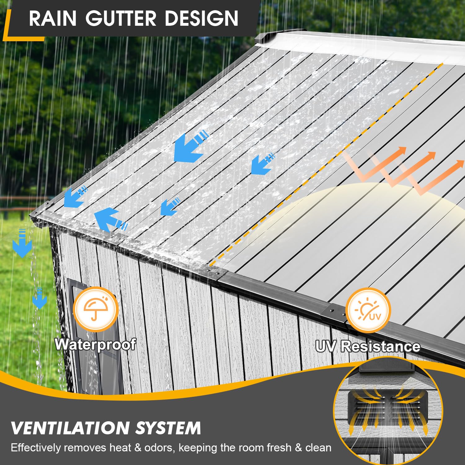 MELLCOM 8 x 10 FT Resin Outdoor Storage Shed with Floor, Outdoor Storage Tool Shed with Windows and Lockable Door, Resin Garden Shed for Lawnmower, Bike, Pool Supply - 5