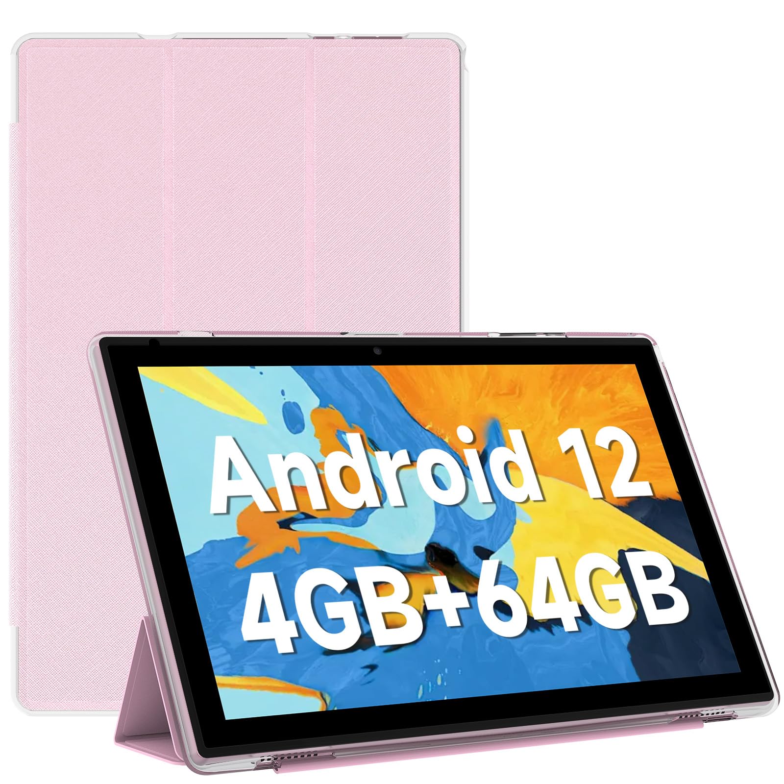 Tablet 10.1 inch Android 12 Tablet, 4GB+64GB+1TB Expand, 1280 * 800 IPS HD Touch Screen Tablet with case, Quad-Core, 6000mAh Battery, Dual Camera, Wi-Fi, BT, Pleasure and Work (Pink)