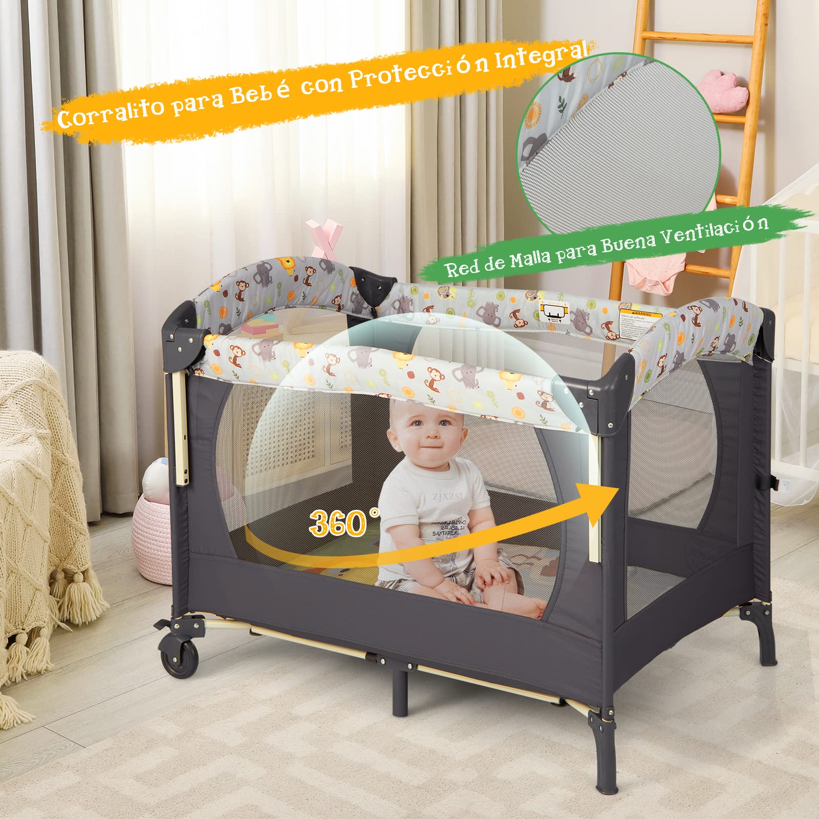 COSTWAY 4 en 1 Cuna de Viaje Plegable para Bebé con Colchón Cambiador, Parque Infantil Cuna Bebe con 3 Juguetes, Caja de Música y Bolsa de Transporte, Cuna Bebe con Colecho (Gris Oscuro)