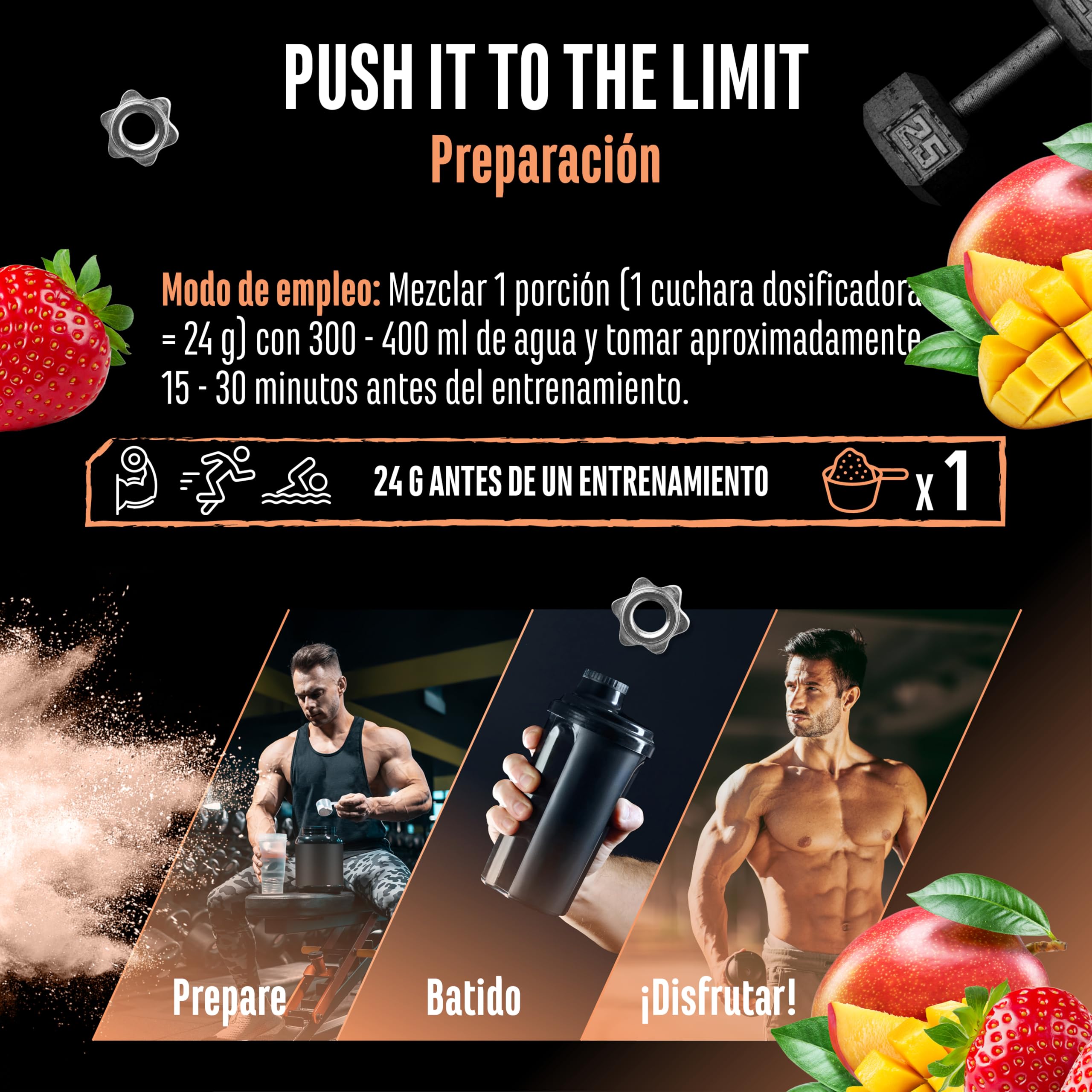 Push it to the Limit - Preentrenamiento con L-arginina + citrulina + L-tirosina + L-teanina + L-carnitina + AAKG + taurina + rhodiola rosea + cafeína - Alta dosis - 360 g - Sabor mango y fresa
