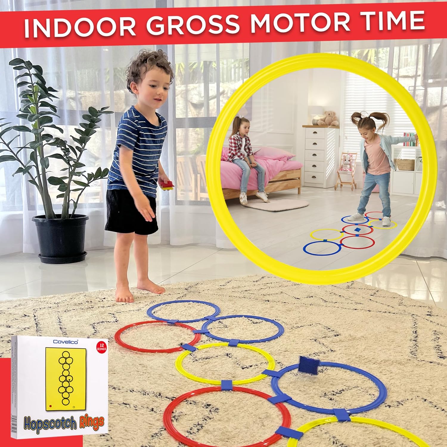 Hopscotch Rings & Kids Animal Dice – 12 Rings + 3 Beanbags & Foam Dice, Recess Toys, PE Equipment, Obstacle Course for Kids 3–5, Indoor & Outdoor