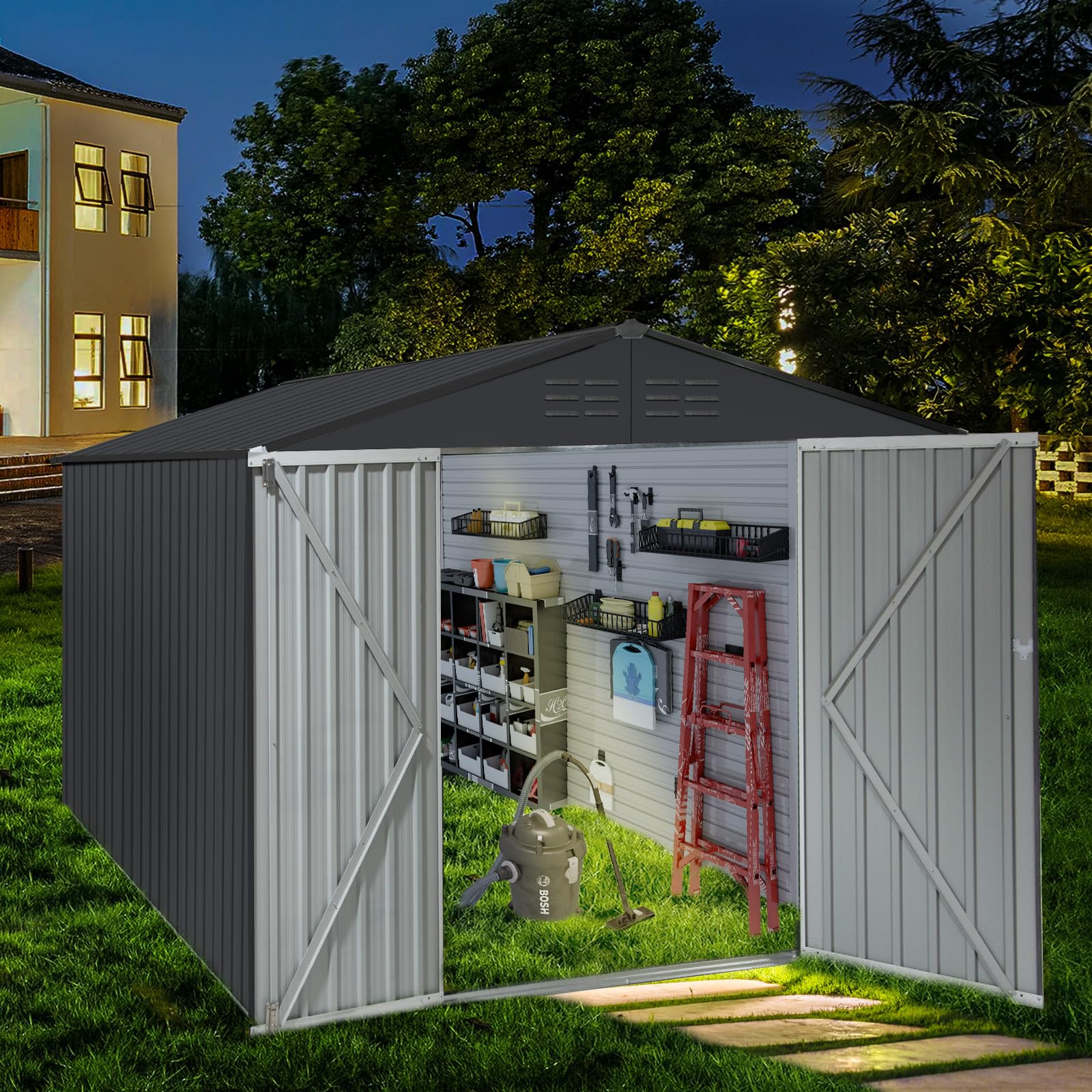 8x8FT Outdoor Storage Shed, Tool Garden Large Metal Sheds with Double Lockable Door, Outside Waterproof Galvanized Steel Storage House for Backyard, Patio, Outside Use, Coffee not Black (Box A Only)