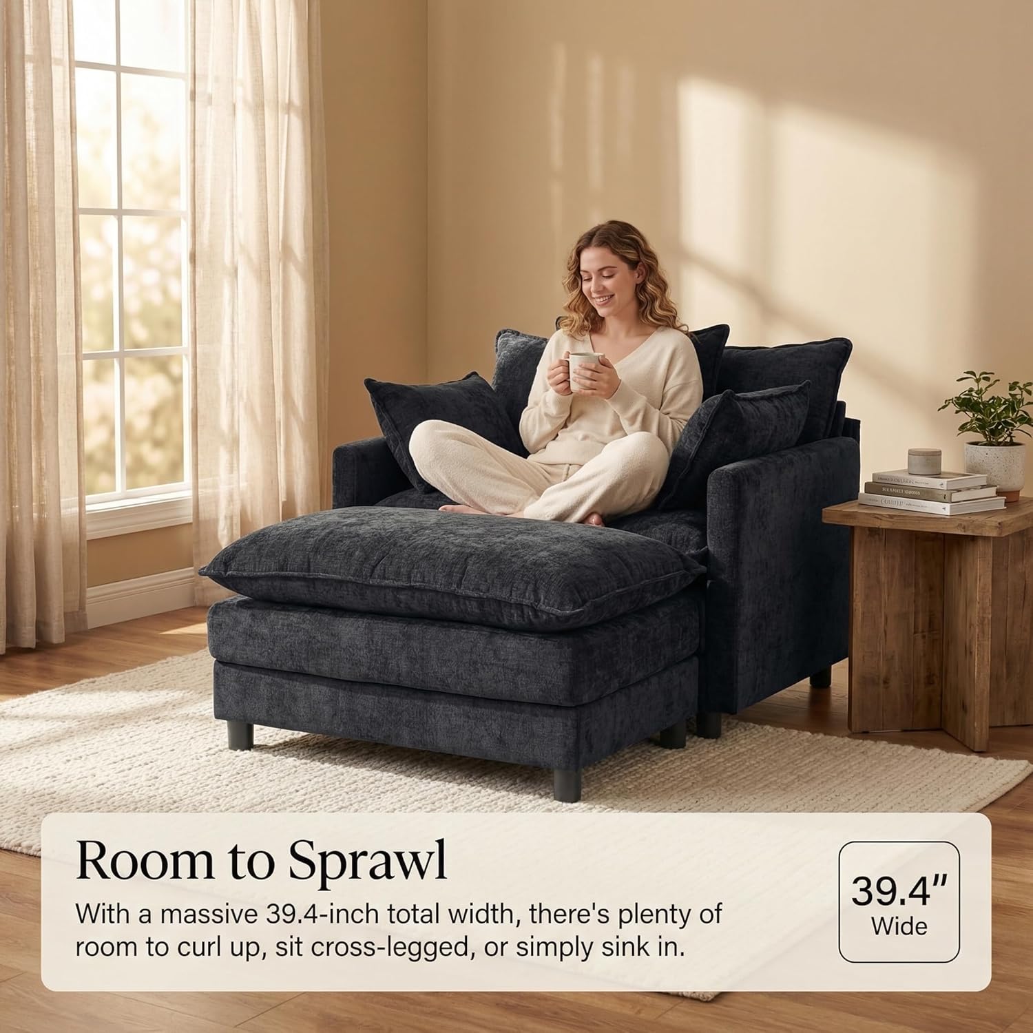 GRAVFORCE Oversized Chair with Ottoman, Comfy Upholstered Chaise Lounge Chair, Accent Indoor Reading Chairs for Living Room, Bedroom (Black)