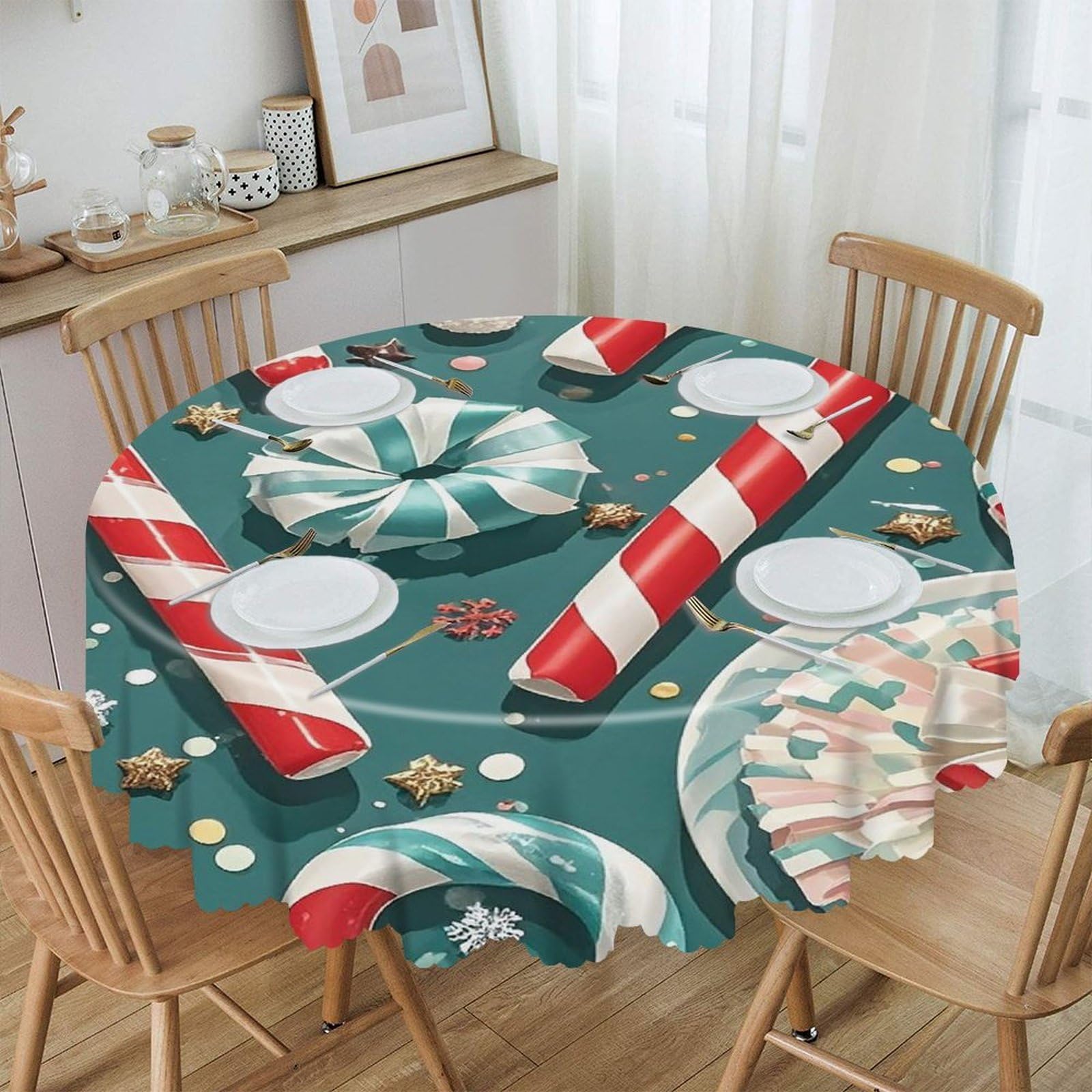FekiLoot Christmas Candy Cane Round Tablecloth 60 Inch Waterproof Heavy Duty Table Cloth Spillproof Washable Table Cover Wrinkle Resistant Tablecloths Decorative Table Cloths