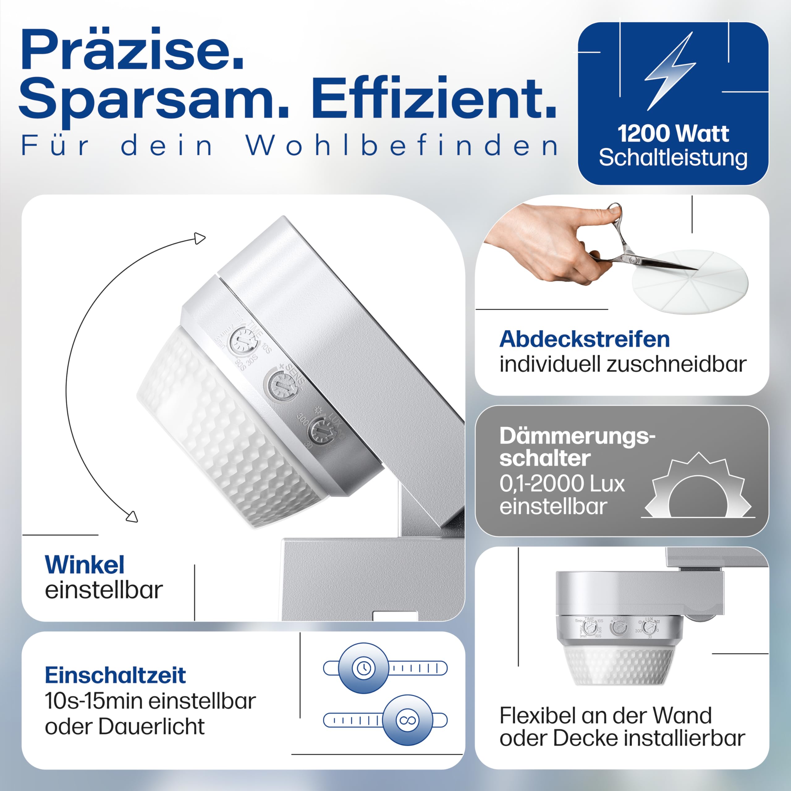 HUBER Motion 100 - Detector de movimiento por infrarrojos (360°, color gris) | 4 sensores, lente Fresnel, IP65, adecuado para LED, protección contra arrastre y limitación de áreas, montaje en pared/techo
