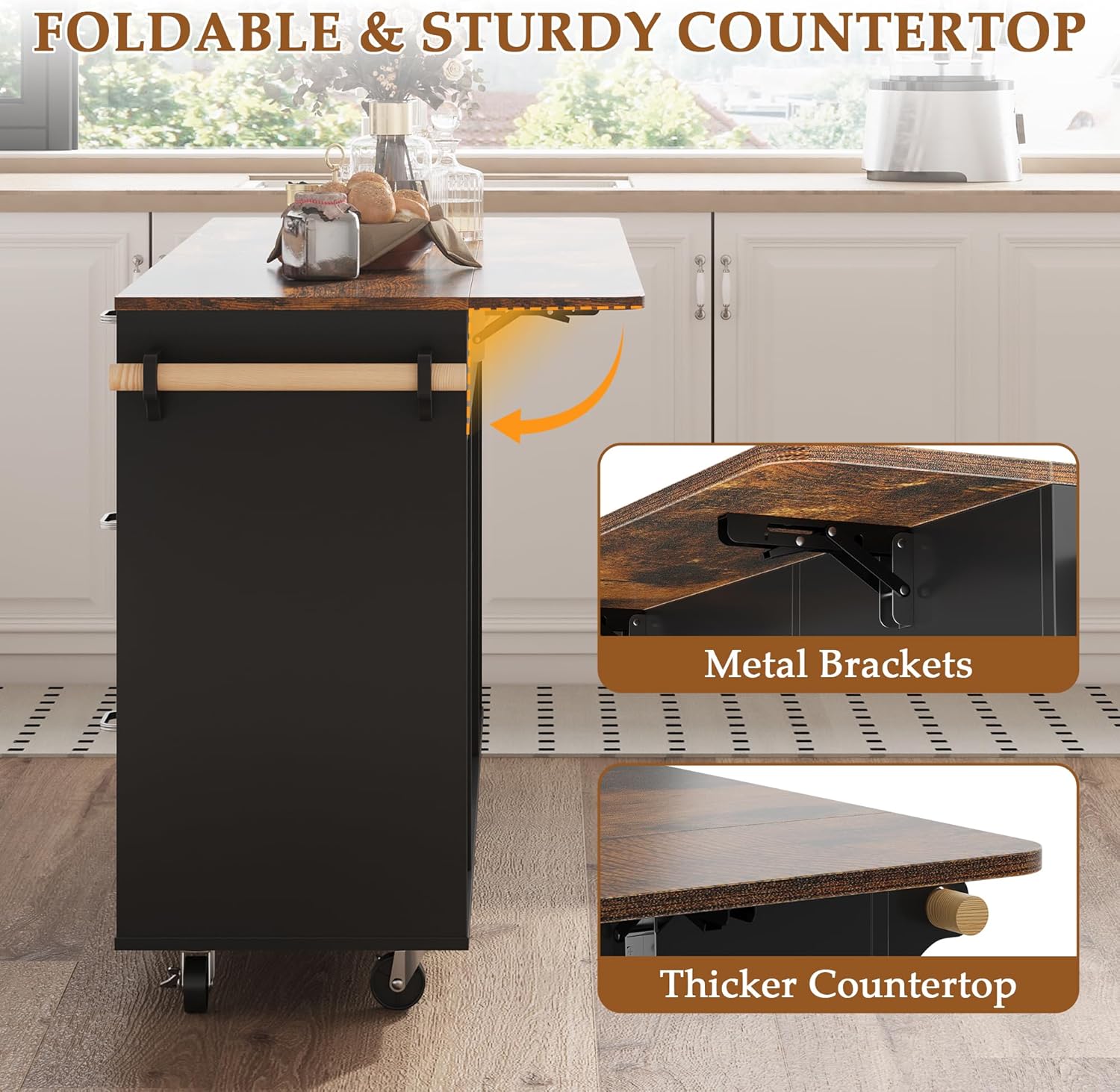 ECACAD 63" Kitchen Island Cart with Folding Drop Leaf & Trash Can Cabinet, Kitchen Rolling Island with Drawers, Doors, Adjustable Shelf & Towel Racks, Mobile Island Table with Wheels, Black & Brown
