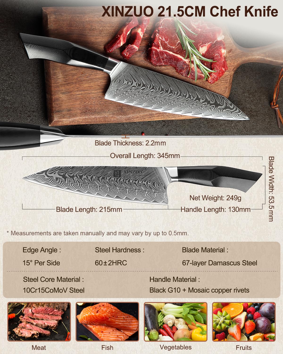 XINZUO Acero de Damasco Cuchillo Chef, 21.5cm Kiritsuke Cuchillo de Cocinero, Profesional Forjado de Gyuto Cuchillos de Cocina, Mango de Grado Militar G10, con Funda Magnética -Serie Feng