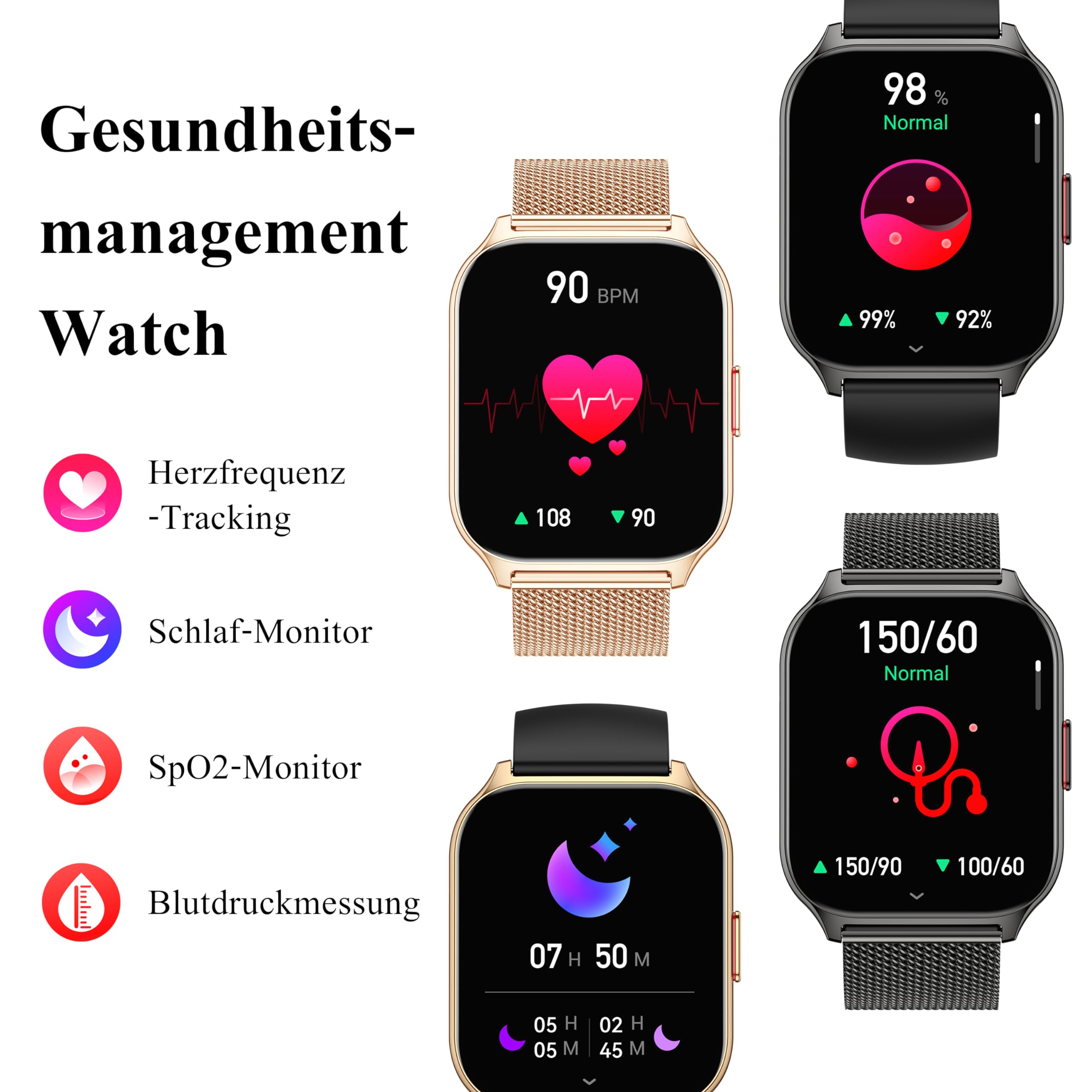 Popglory Smartwatch mit Telefonfunktion, Fitnesstracker 2 Zoll Touch-Farbdisplay,Blutdruckmessung Herzfrequenz Schlafmonitor SpO2, Sportuhr IPx8 Wasserdicht Schrittzähler für Damen Herren
