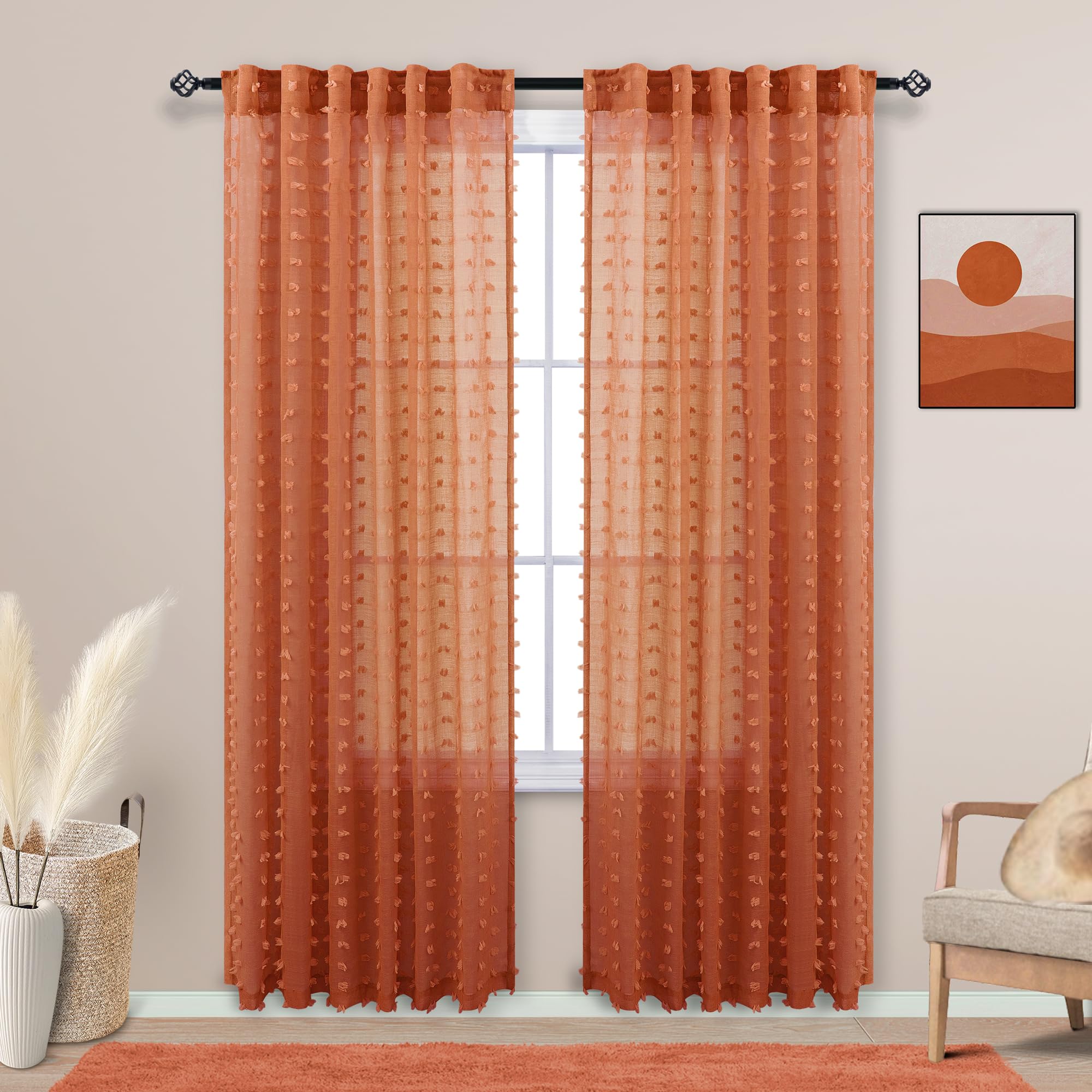 KOUFALL Rust Curtains 84 Inches Long for Living Room Boho Window Sheer Dark Burnt Orange Curtain Panles for Bedroom 84 Inch Length Pair Set of 2,Terracotta Colored - Image 2