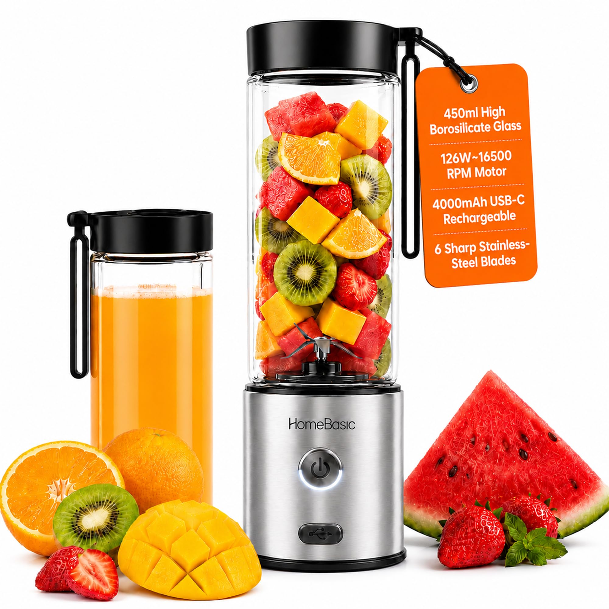 homebasic Portable Blender for Smoothies & Juices| BPA-Free Borosilicate Glass Jar 450ml/ 126W Motor/4000mAh Battery| Rechargeable Juicer Mixer Grinder for Gym Office Home School Outdoor Picnic Travel-picture-2