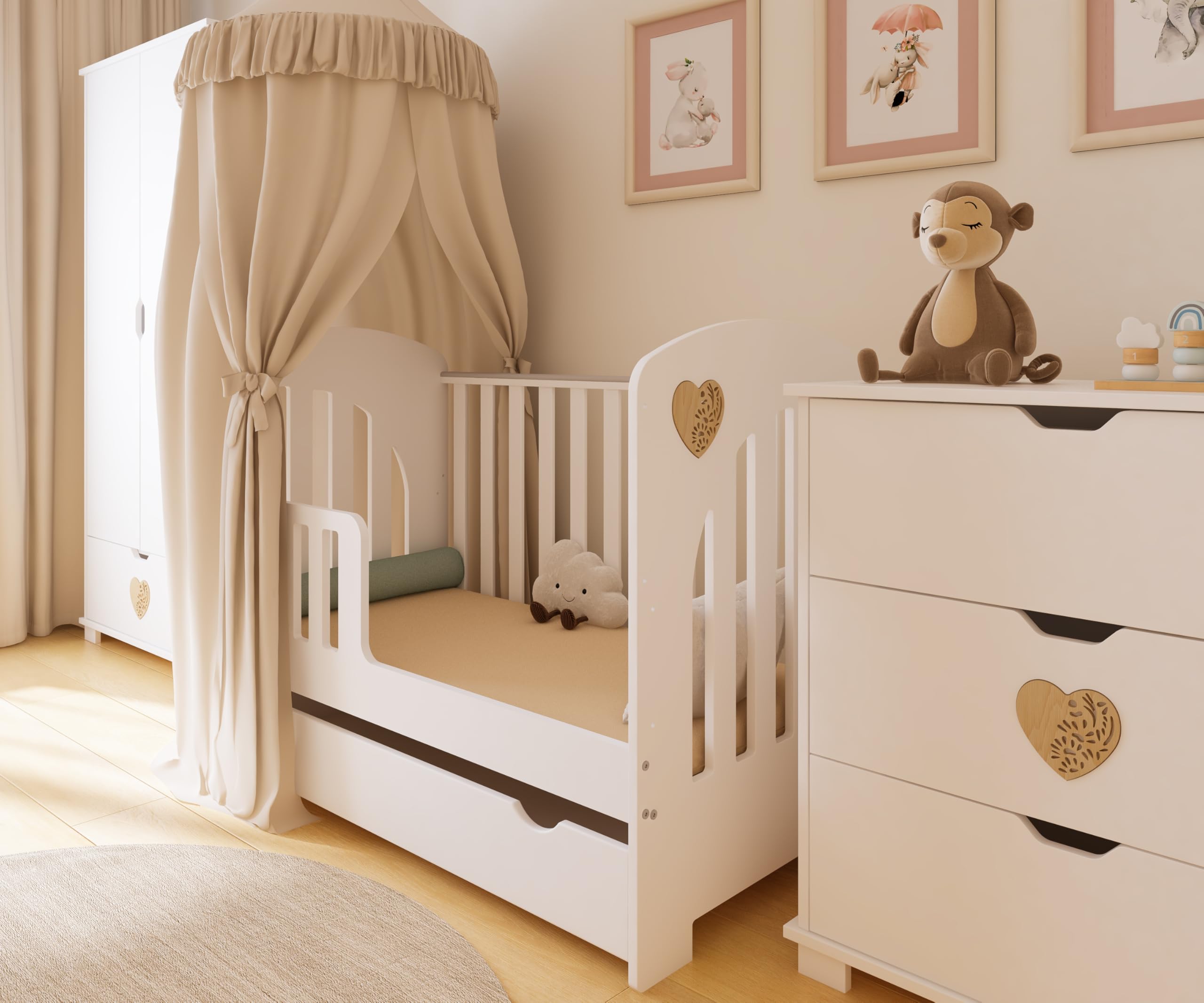 zee Heart Cuna Bebé 2 en 1 120x60 cm Blanca con Corazón Natural, Convertible en Cama Infantil, con Cajón, Lateral de Conversión, Somier Regulable en 3 Alturas, Diseño Moderno