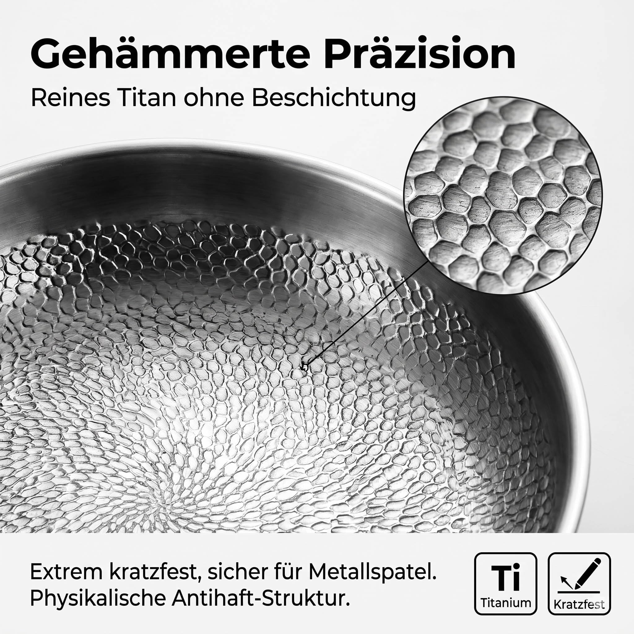 Titan Pfanne 28 cm mit Deckel, Unbeschichtete Titan Bratpfanne mit Gehämmertem Design, Kratzfeste Physikalische Antihaft-Struktur, Frei von PFAS-, PFOA- und PTFE-, Für Induktion & Alle Herdarten
