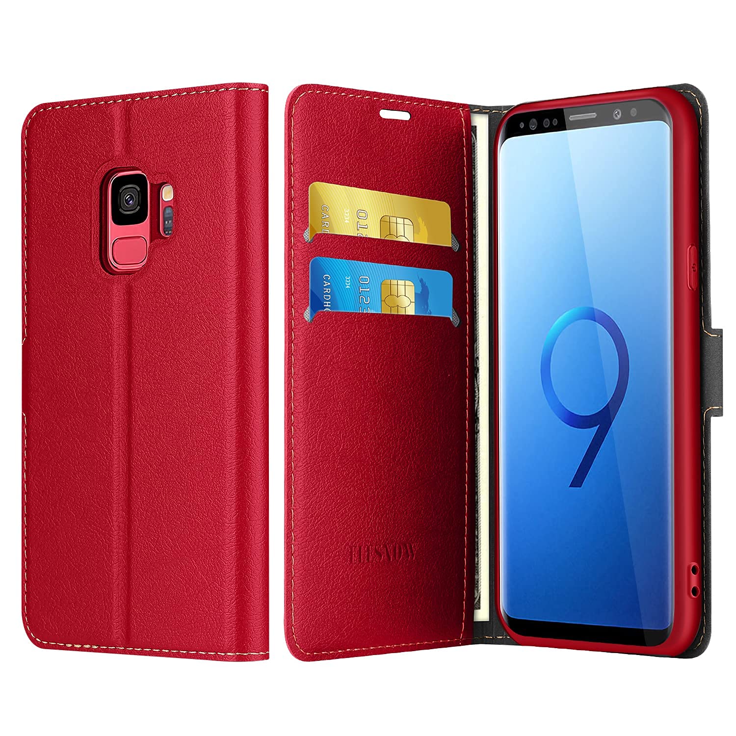 ZONNAVI Cover per Samsung Galaxy S9, Flip Custodia Pelle PU con [Slot Cart] [Supporto Stand] [Magnetica], Cover a Libro Portafoglio per Samsung Galaxy S9 (Rosso