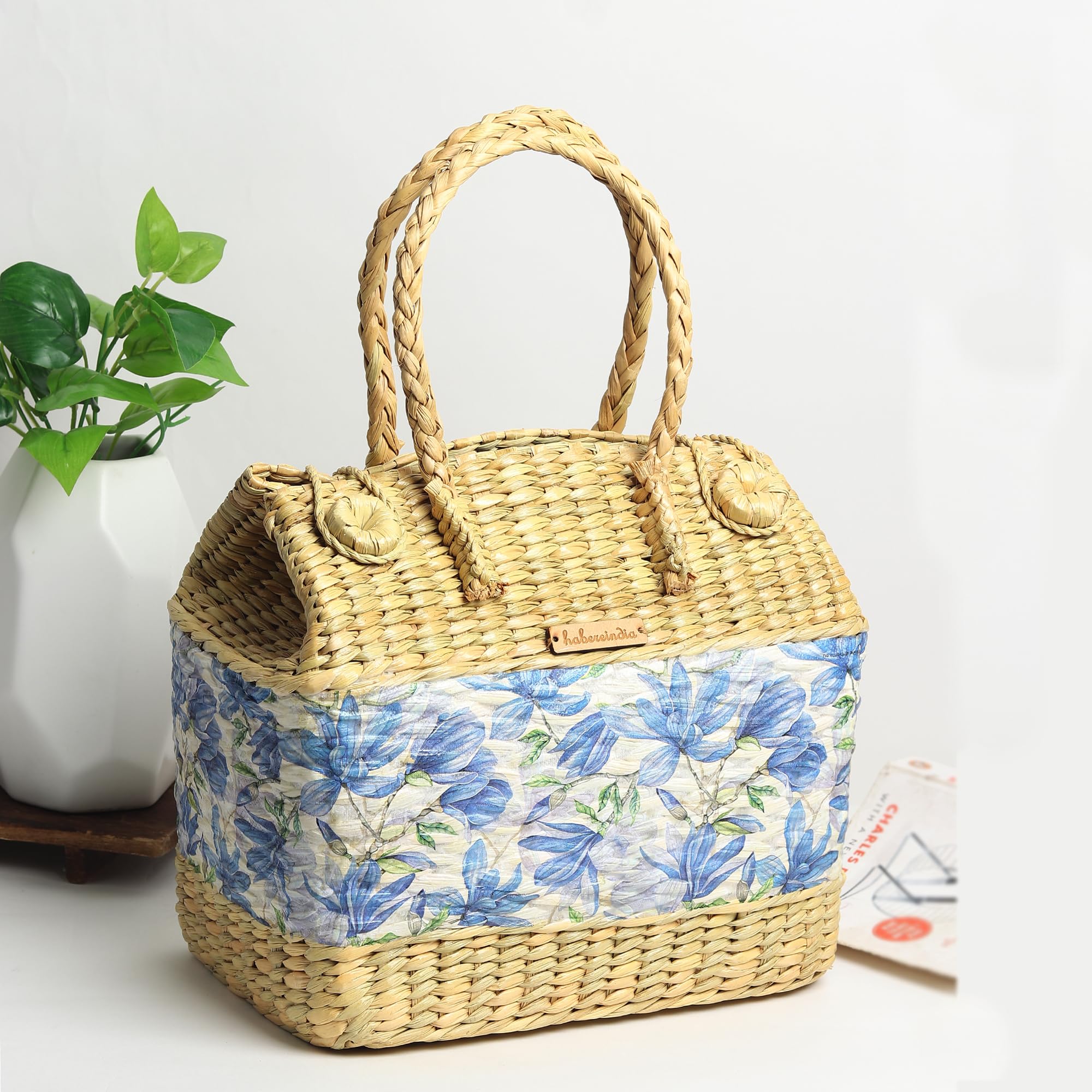 Habere India-All the Cultures Fabricating India Picnic Baskets | Lunch Basket | Travel Basket | Jute Basket | Cane Basket for Gifting | Wicker Basket (Design 13: L 28 cm x W 20 cm x H 28 cm)-picture-30