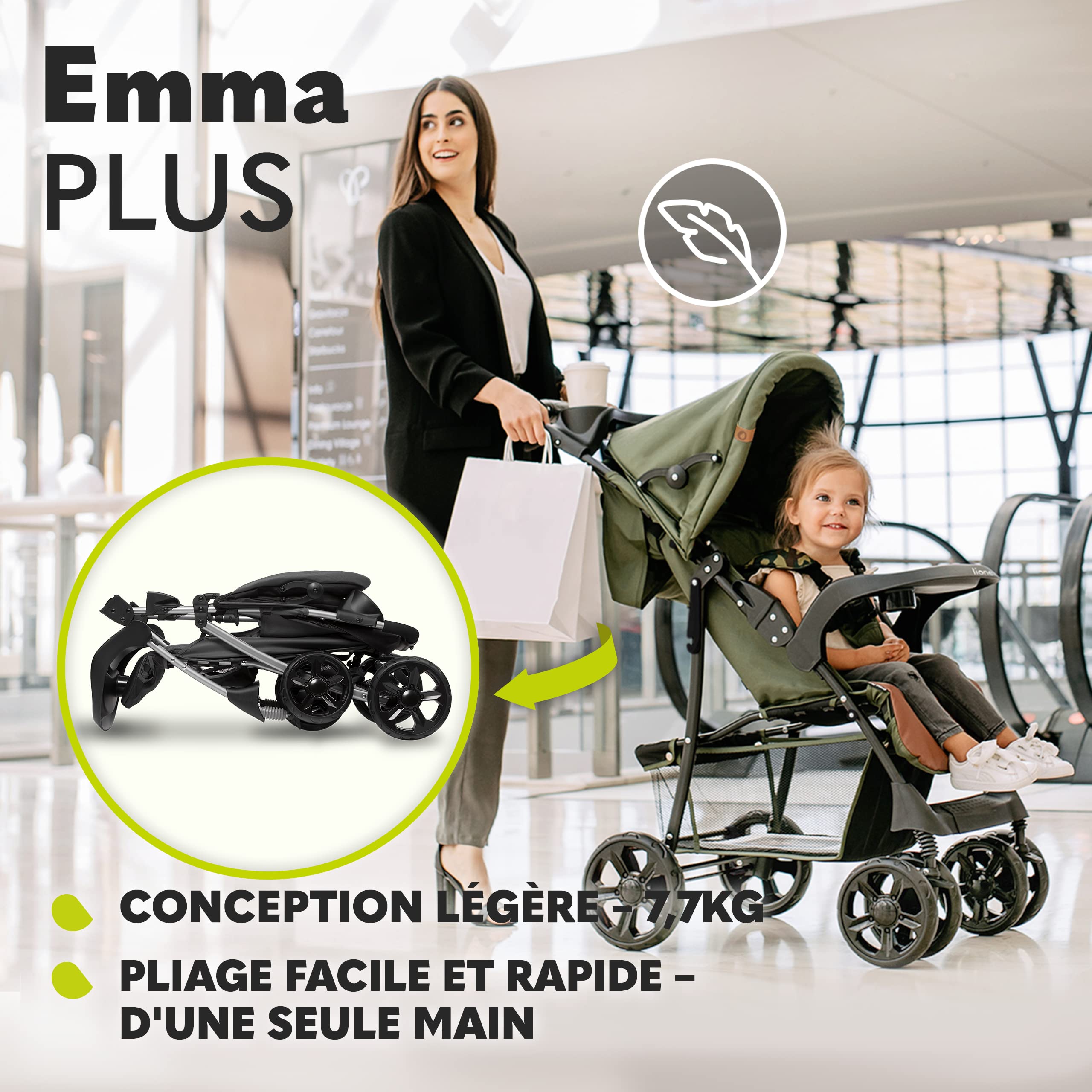 LIONELO Emma Plus poussette bébé 15 kg harnais 5 points pliage rapide amortisseurs sac inclus matelas STONE