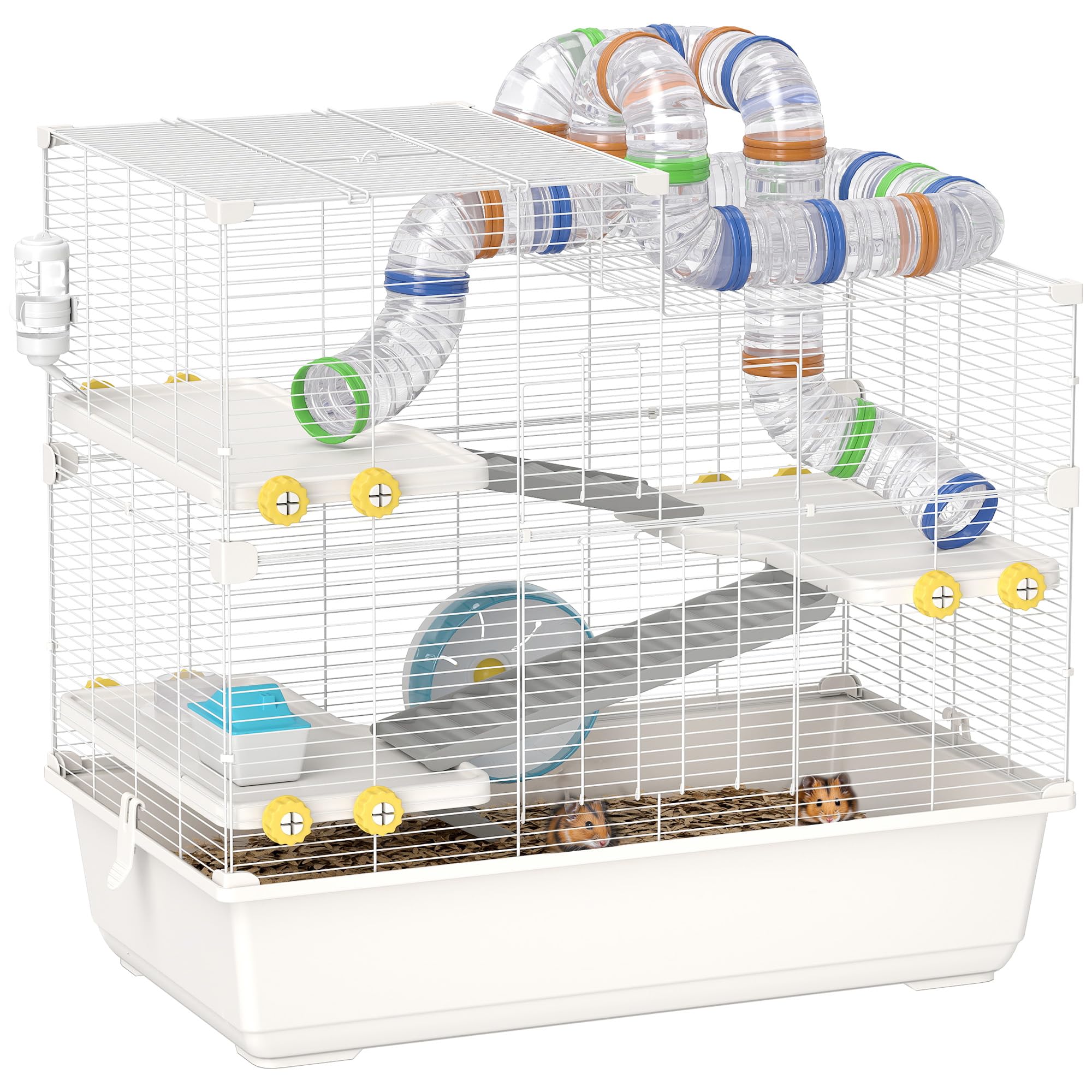 PawHut Gabbia per Criceti 78x45x73 cm 4 Livelli Ruota Silenziosa Bianco | con Tubi, 3 Porte, Vassoio, Gabbietta per Criceti, Metallo, PP e PS