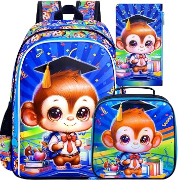 gxtvo 3PCS Boys Monkey Bookbag, 16" Kids Backpack with Lunch Box, Water Resistant Elementary Preschool Toddler School Bag - Blue Dr.Monkey