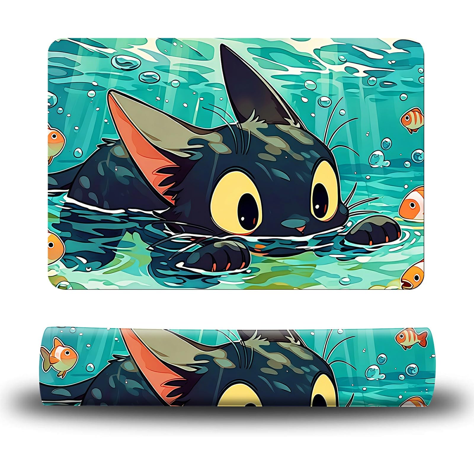 Dikoer Dog Food Mat, 19.6" x 23.6" Absorbent Pet Feeding Mat for Food and Water, Waterproof Diatom Mud Pet Placemat with Non-Slip Rubber Backing, Easy Clean Cat Bowl Mat for Floors - Black Cat Fish