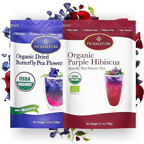 PICKNATURE 100% USDA Orgánico Hibisco Púrpura Mariposa Guisante Flor Té Pétalos Enteros de Hoja Suelta | 7.0 oz (Paquete de 600 tazas) | Regalos de