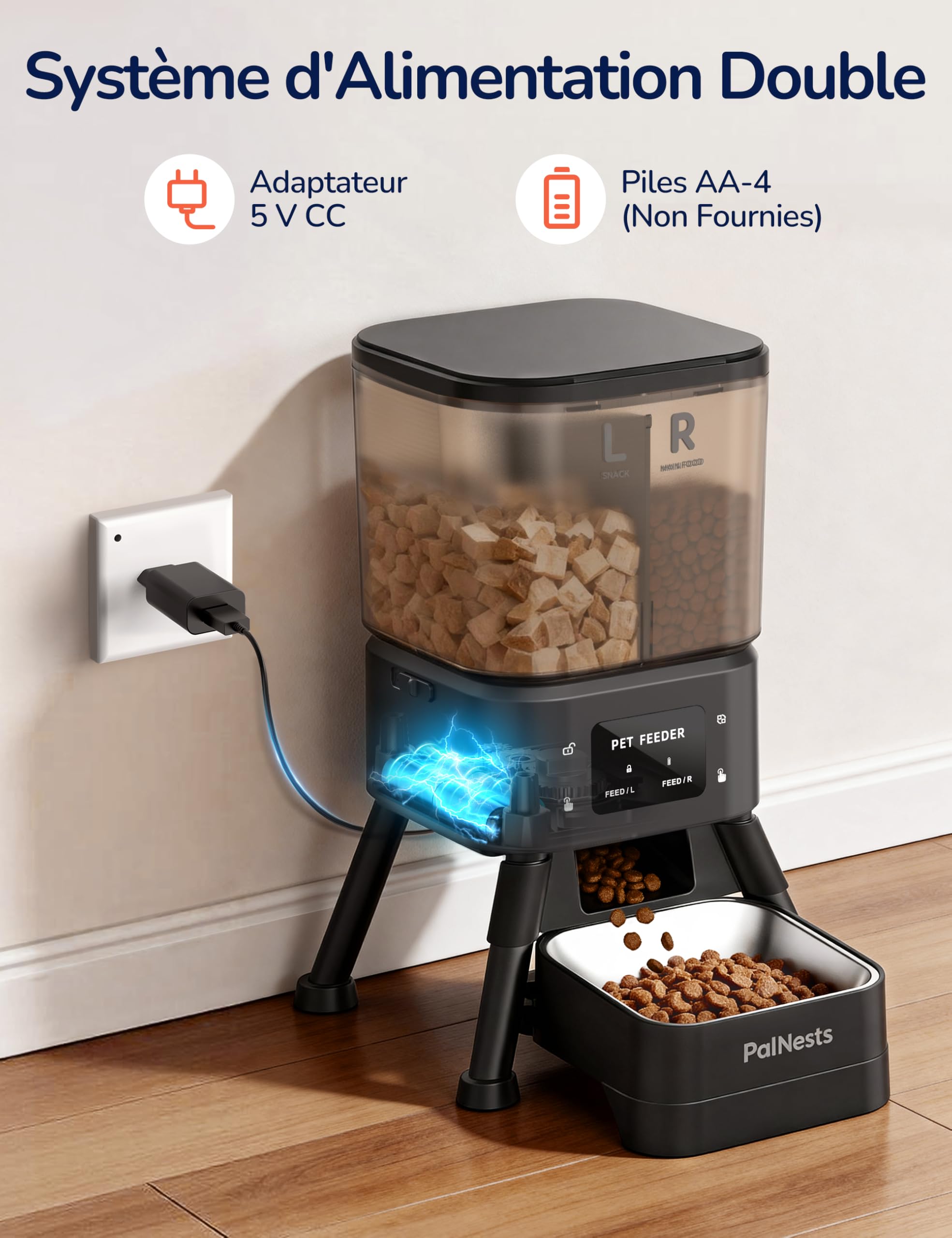 Distributeur de Croquettes pour Chat Automatique PalNests, Distributeur à Double Trémie 4L, Nourriture Connectée 5G/2.4G avec Programme Personnalisé, Bol en Acier Inoxydable