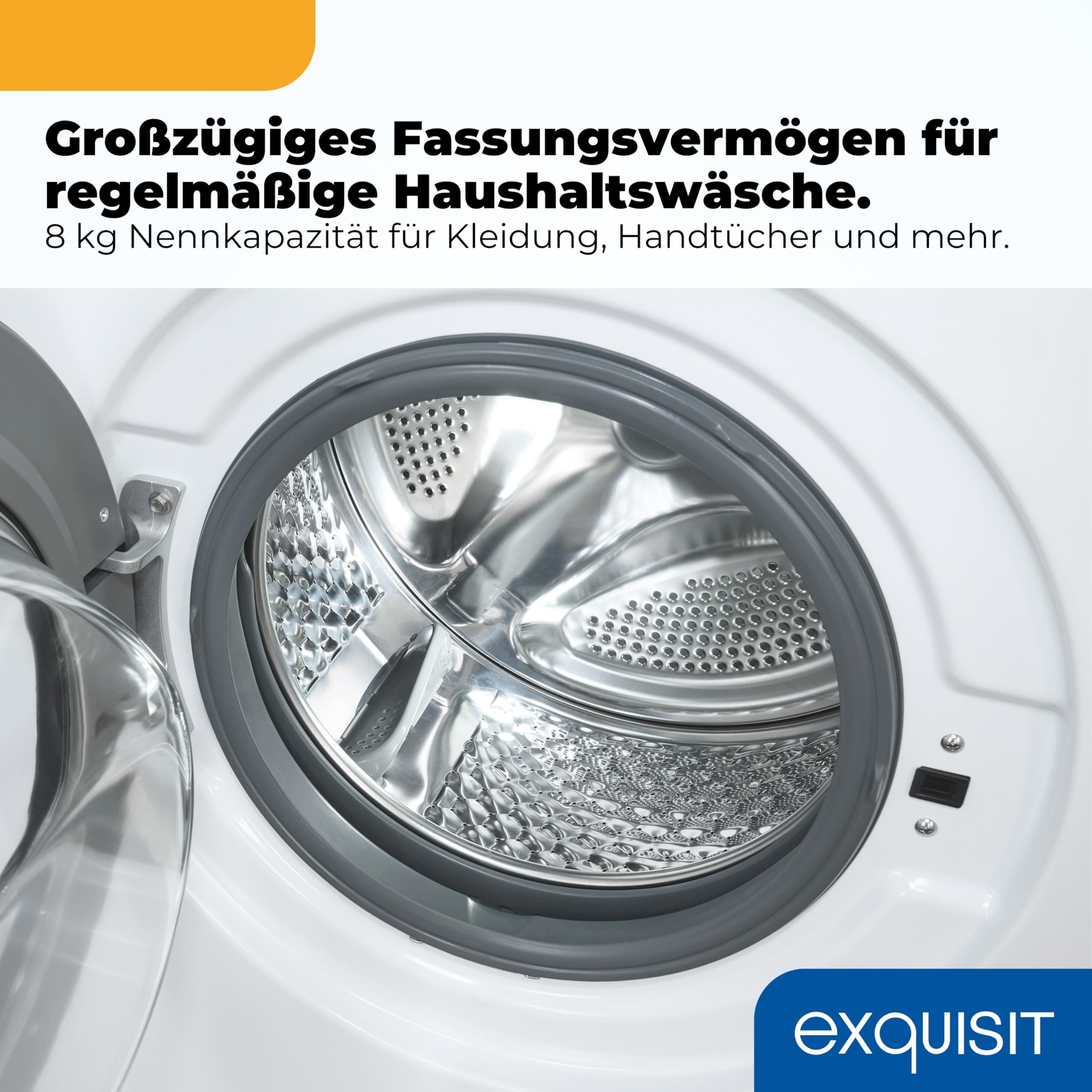 Exquisit Waschmaschine 8 kg, Energieklasse A, 1400 U/Min, 13 Programme | Frontlader mit Startzeitvorwahl, Kindersicherung, Invertermotor – ideal für Familien ab 4 Personen