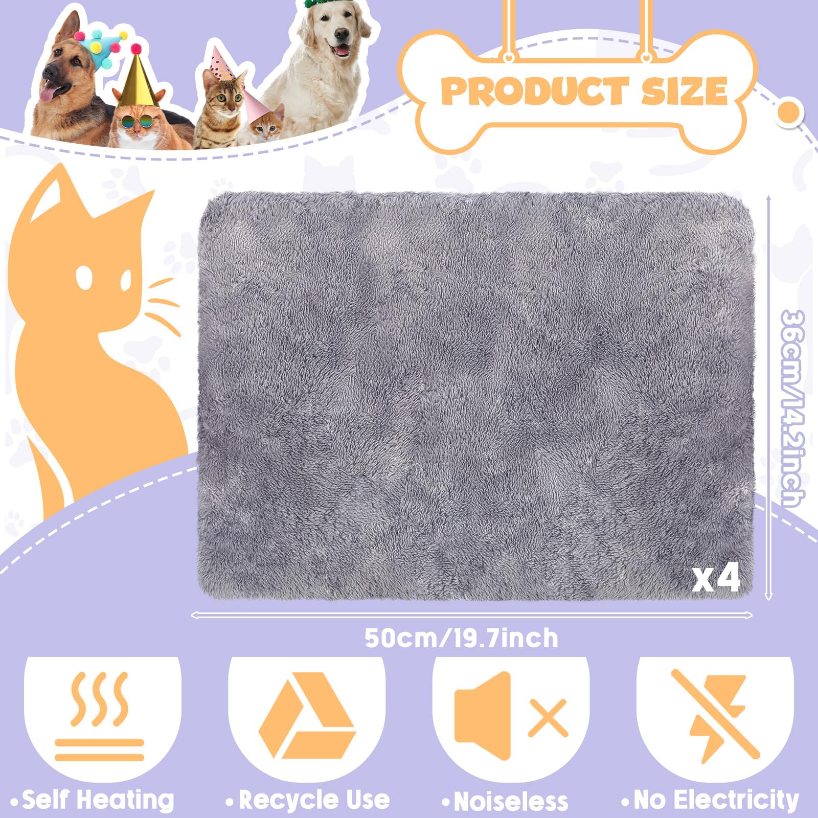 Selbstwärmende Katzenbett-Matte, selbstheizend, extra thermisch, für Katzen und Hunde, 35,6 x 49,5 cm, reflektierend, waschbar, Haustier-Heizkissen für Käfig, drinnen und draußen, 4 Stück
