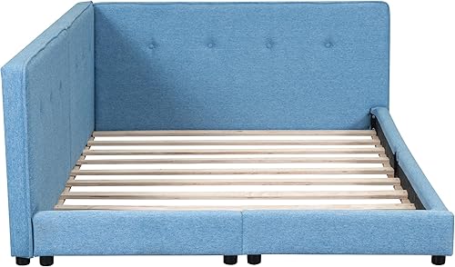 Miniatura 31 de SOFTSEA Marco de sofá cama simple para sala de estar, sofá cama tapizado de tamaño matrimonial con colchón de funda de lino, respaldo y Beige,Beige