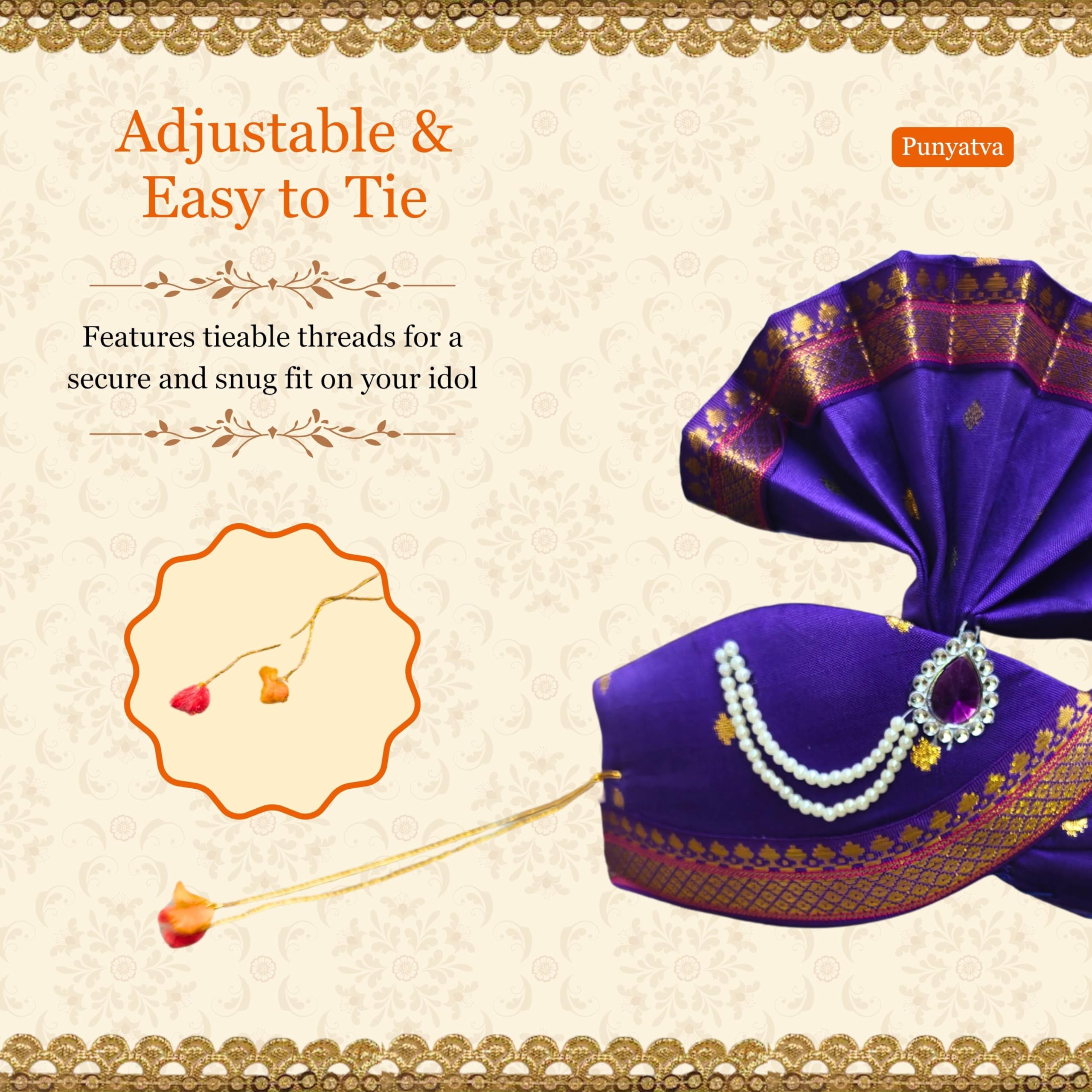 PUNYATVA Ganesh Feta Mukut (Turban, Butti, Blue) / Adjustable Ganesh Pheta, Gauri Ganpati Festival Decoration Accessories, Ganpati Jewellery, Crown, Makhar, Traditional Pagdi, God Idol Headgear 3