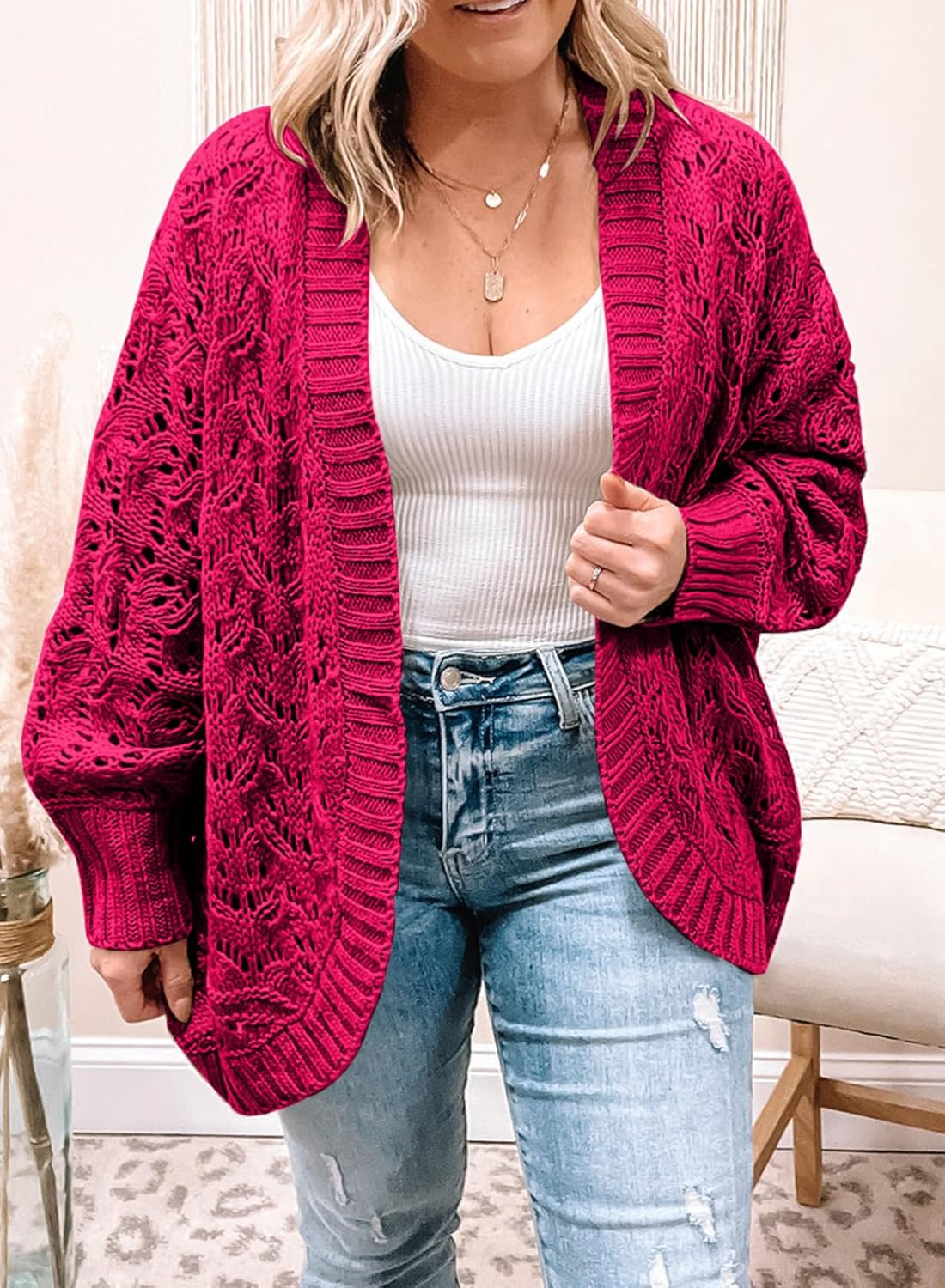 Eytino Womens Plus Size Crochet Cardigan Sweater Long Sleeve Hollow Out Open Front Cardigans Outwear(1X-5X)