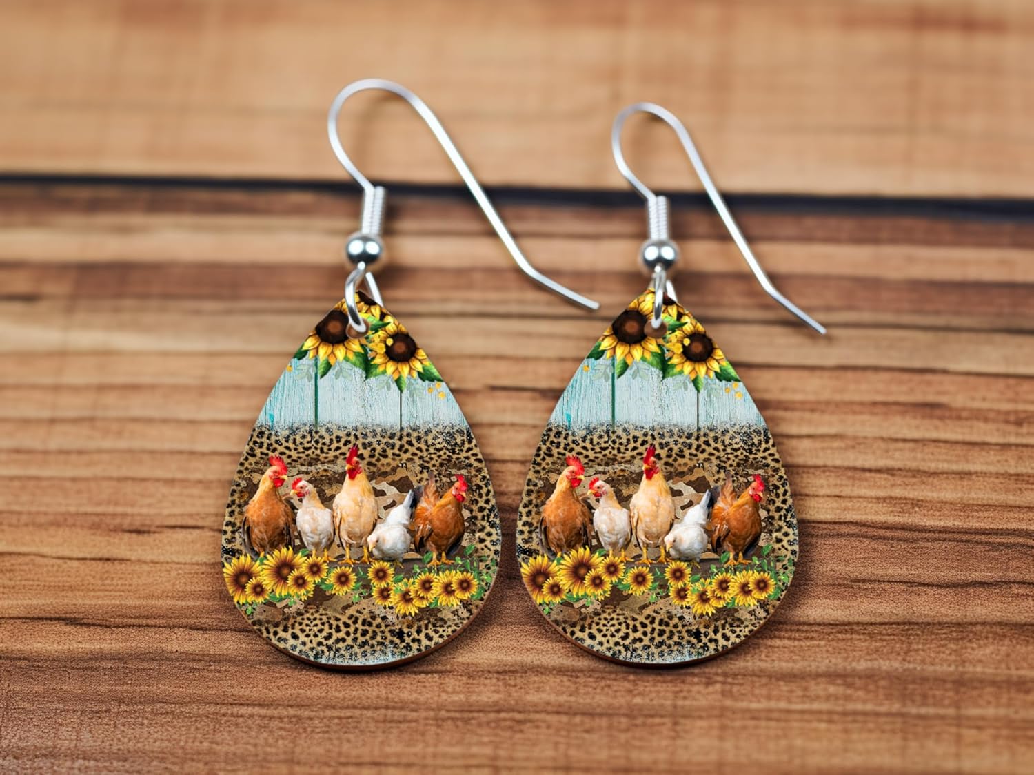 Chicken Earrings - Chicken Sunflower Dangle Earrings for Women - Image 3