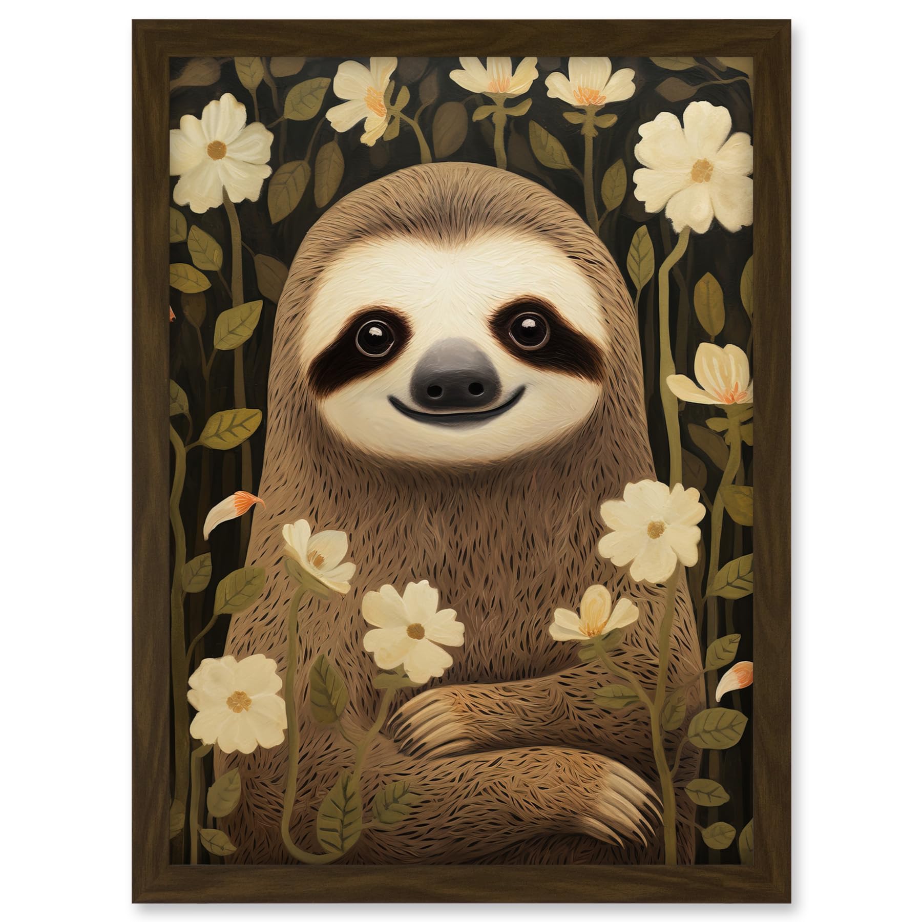 Artery8 Sloth with Jasmine and Anemone Flowers Elegant Artwork Framed A3 Wall Art Print