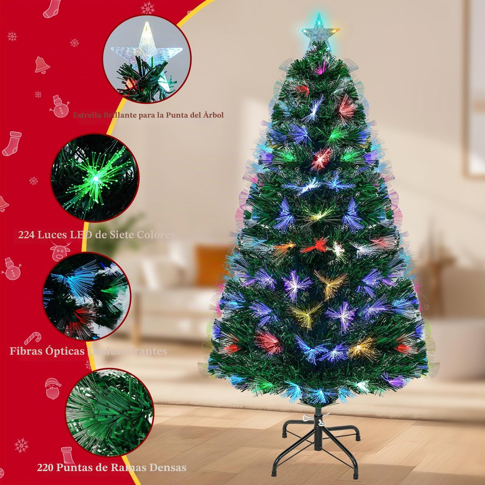 Árbol de Navidad 180, Uten arvore de Natal de Fibra Óptica con Luces Integradas LED Multicolor, 170 Puntas de PVC, Arvore de Natal con Base Metálica