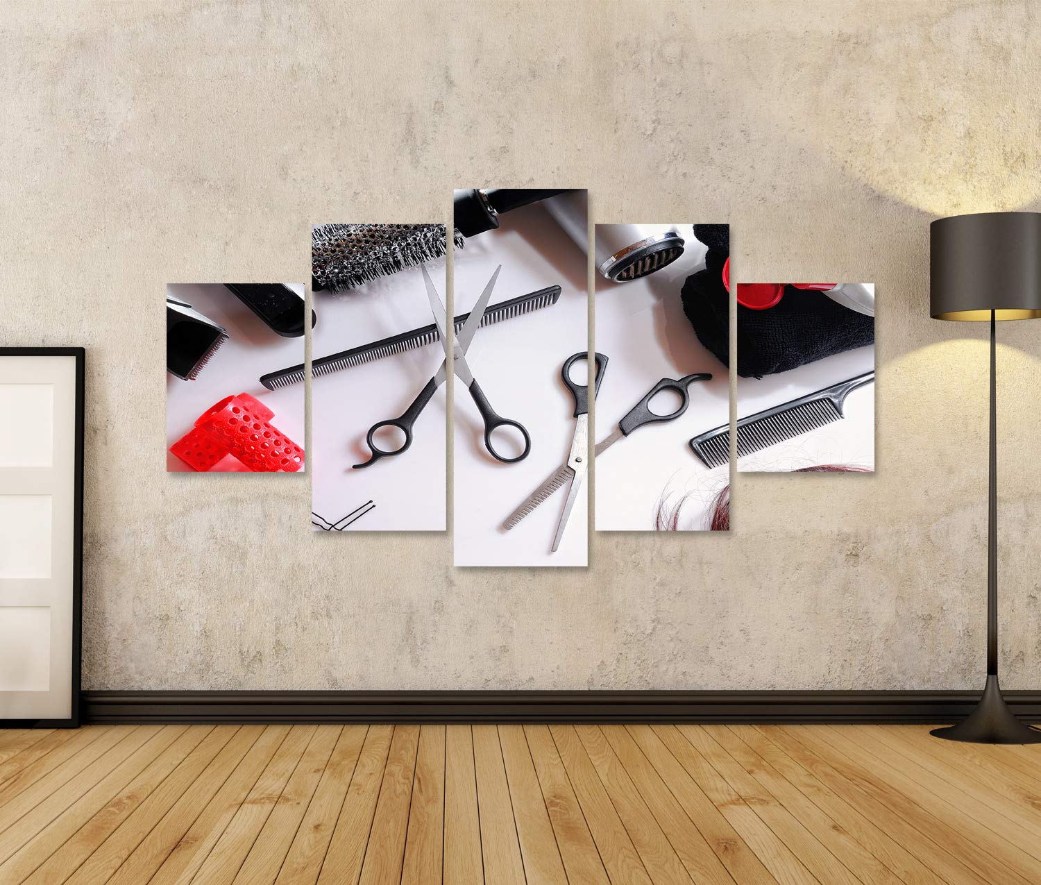 Quadro su tela Composizione orizzontale strumenti parrucchiere su un tavolo bianco e sfondo bianco isolato vista dall'alto Stampe Arte Poster Murale