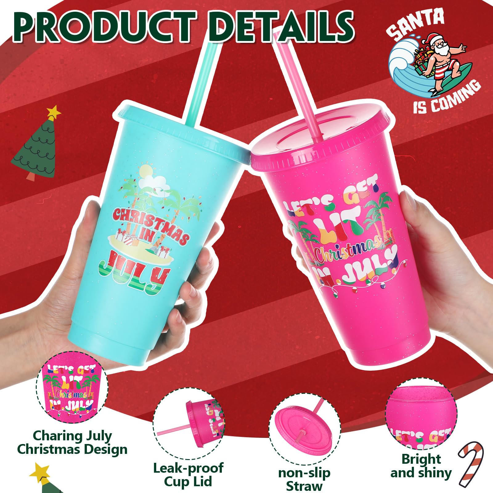 CHENGU Lot de 24 gobelets tropicaux réutilisables en plastique avec couvercles et pailles en vrac, 710 ml, à paillettes pour Noël, l'été, les vacances, les fêtes, le bureau