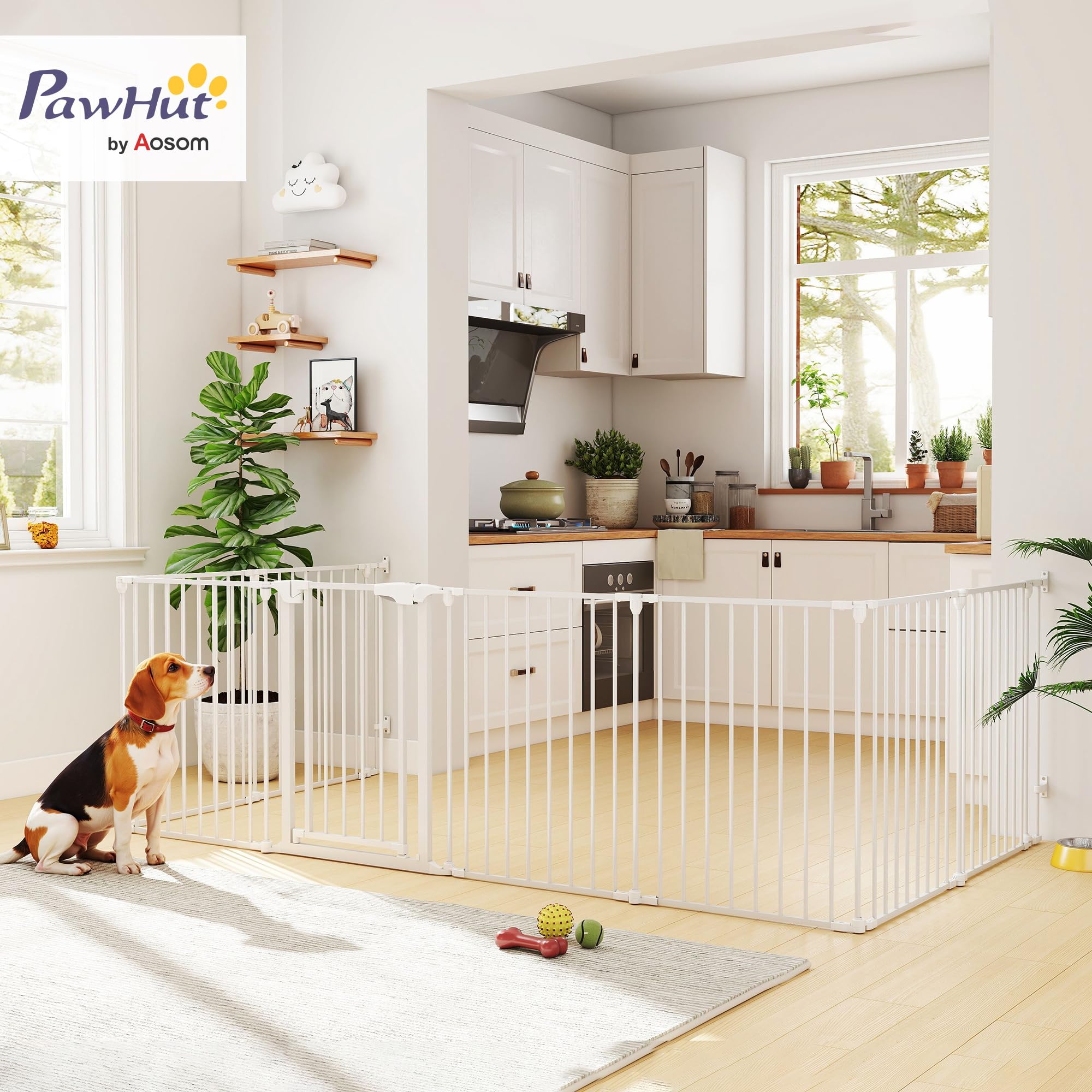 PawHut Barrera para Perros Plegable, 488x75 cm, Valla para Mascotas de 8 Paneles, Puerta con Cierre Doble, Barrera de Seguridad para Niños, Perros Pequeños y Medianos, para Escalera, Pasillo, Blanco