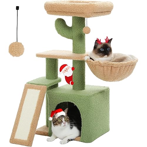 PETEPELA Cactus Cat Tree for Indoor Cats, 32'' Small Cat Tower Cat Condo with Sisal Scratching Ramp, Cozy Hammock and Removable Top Bed Perch for Kittens, Green