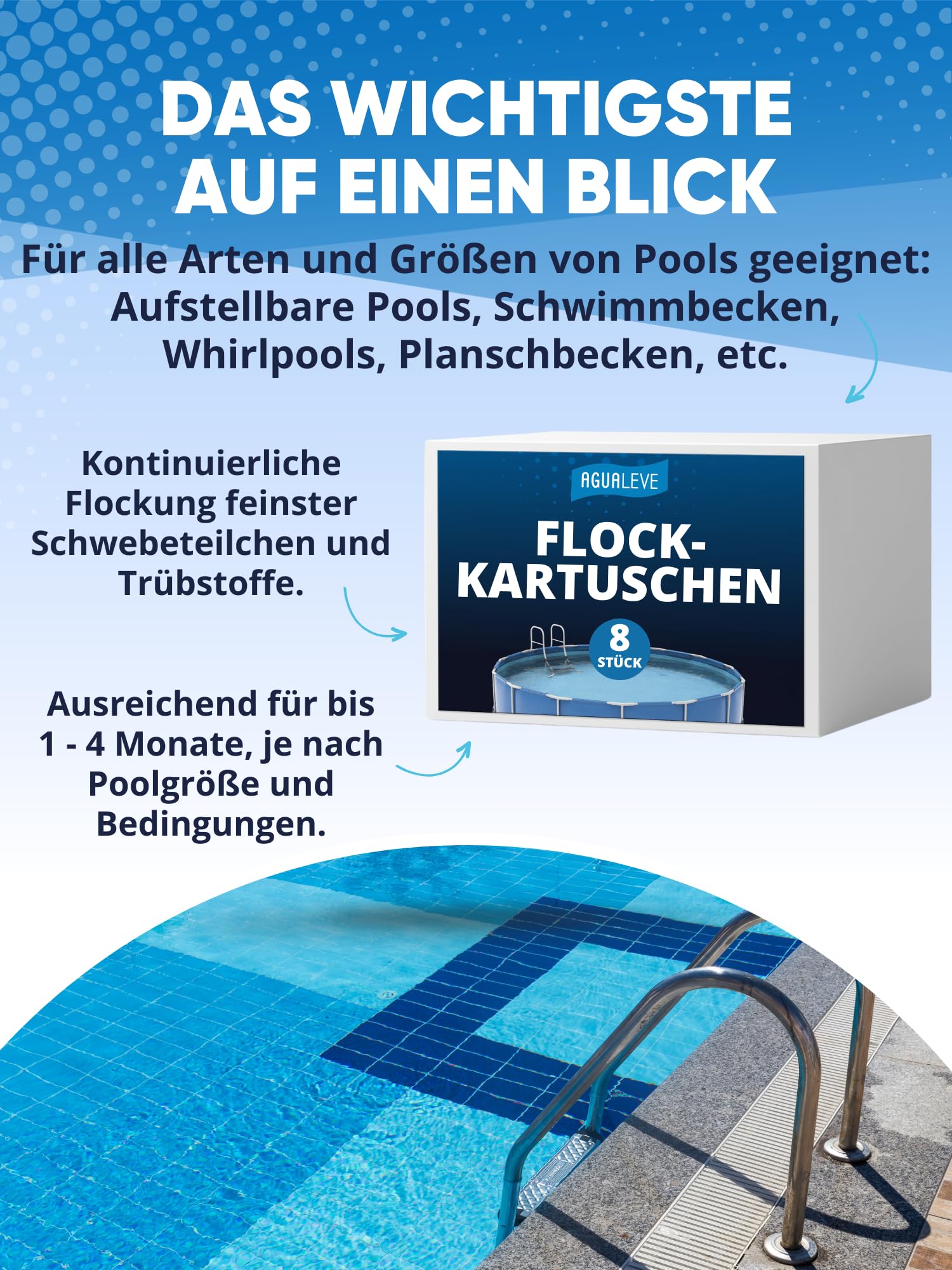 AGUALEVE® Flockmittel Pool Kartuschen 8 x 125g | flockt Verunreinigungen für klares Wasser| für Sandfilter, Filterbälle, Glasfilter UVM. | für Pools, Aufstellpools, Whirlpools | Made in Germany
